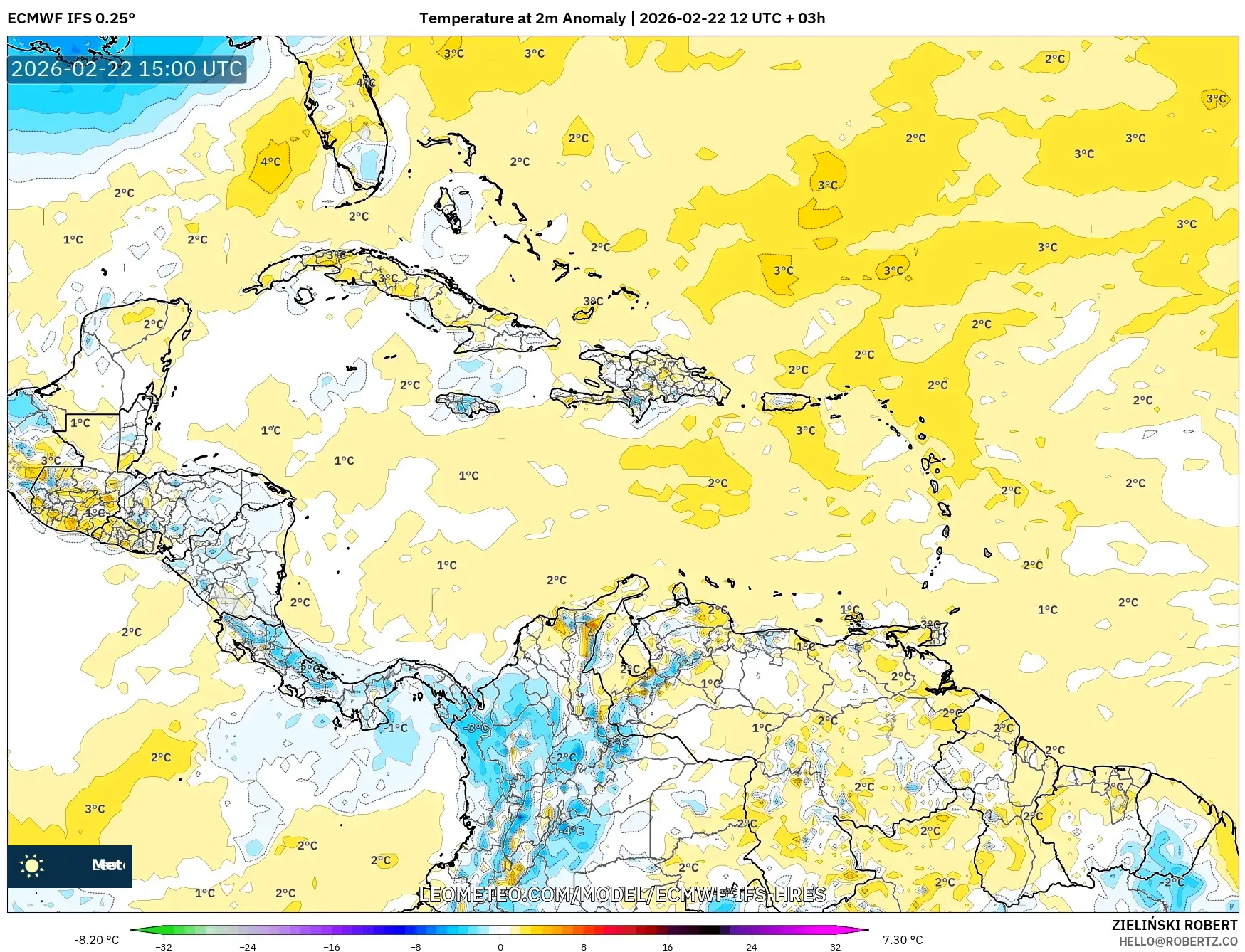 ECMWF IFS 0.25° model - الكاريبي, انحراف درجة الحرارة 2 م