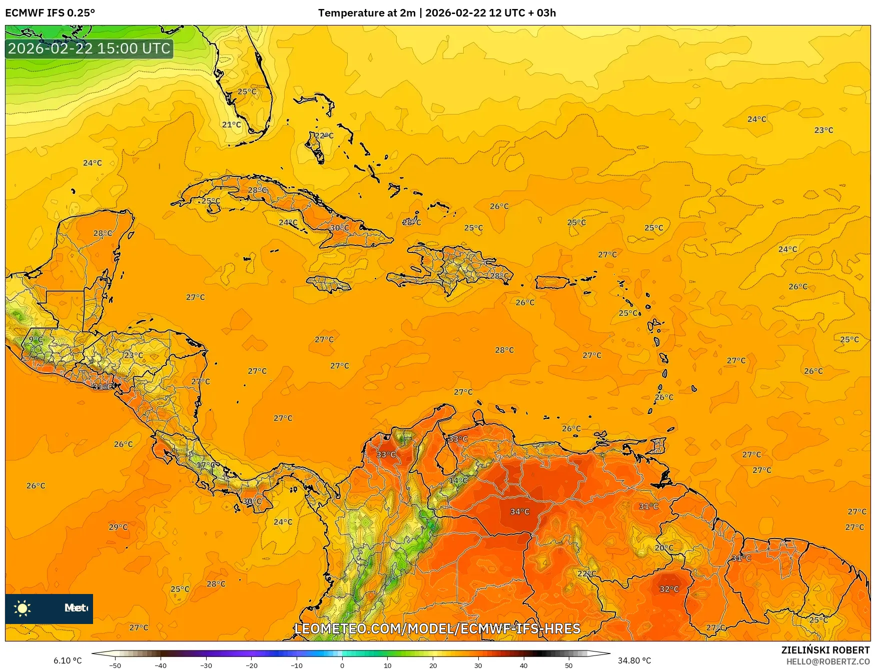 ECMWF IFS 0.25° model - الكاريبي, درجة الحرارة على ارتفاع 2 م