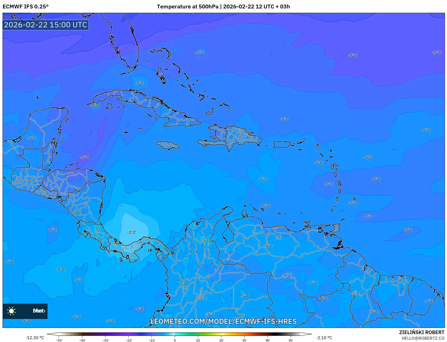 ECMWF IFS 0.25° model - الكاريبي, درجة الحرارة 500 hPa