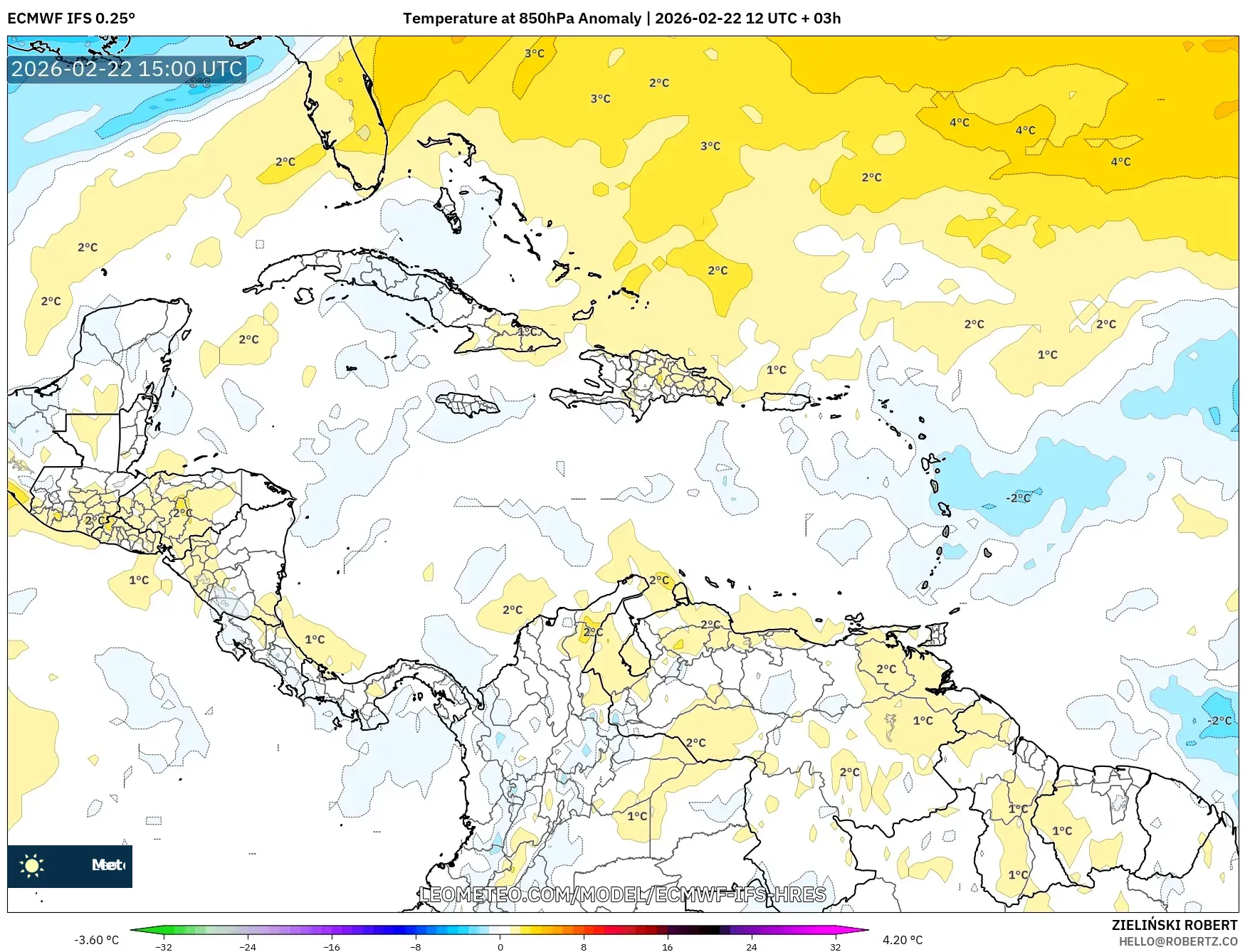 ECMWF IFS 0.25° model - الكاريبي, انحراف درجة الحرارة 850 hPa