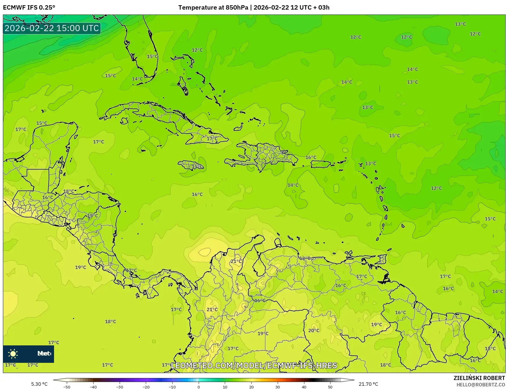 ECMWF IFS 0.25° model - الكاريبي, درجة الحرارة 850 hPa