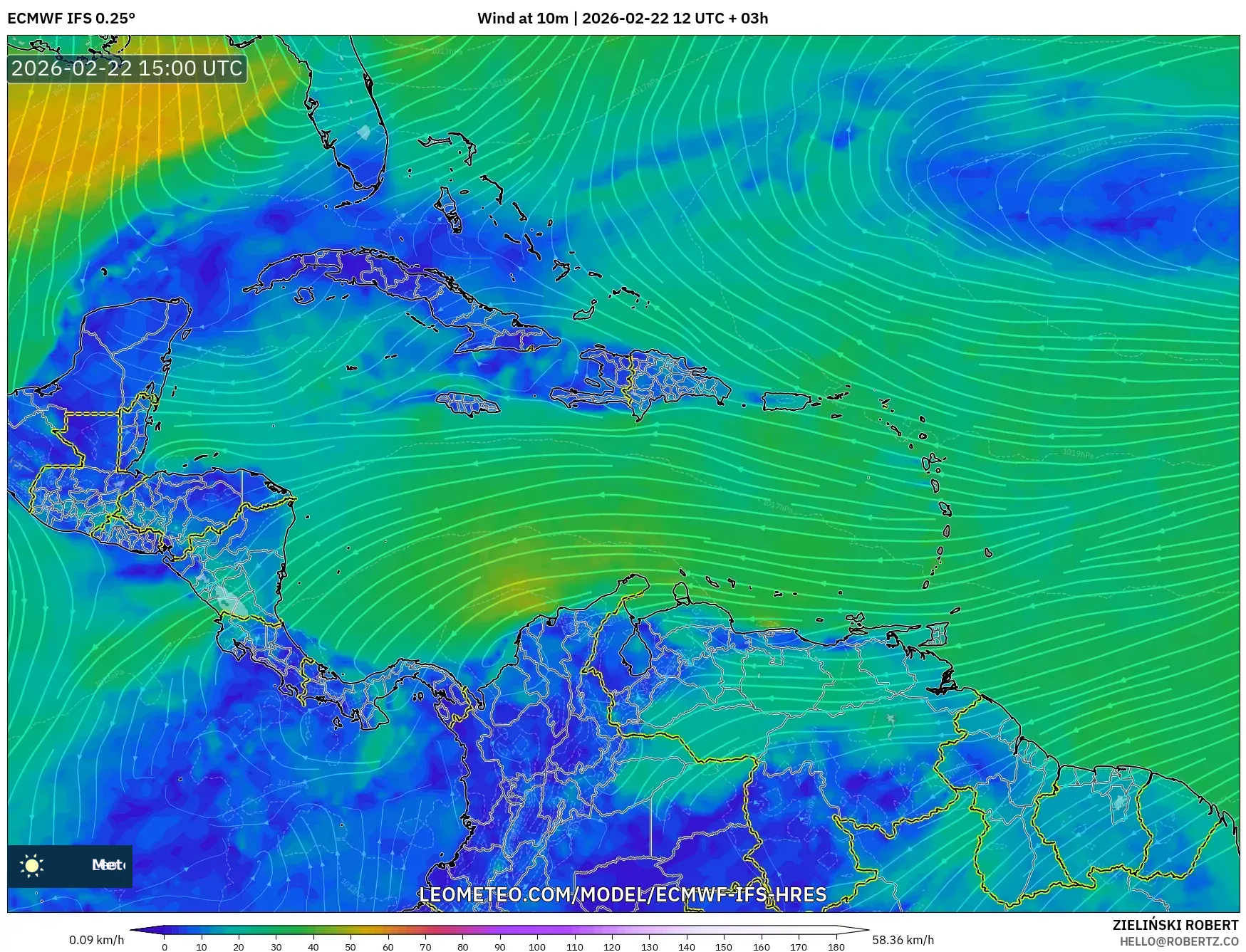 ECMWF IFS 0.25° model - الكاريبي, رياح 10 م