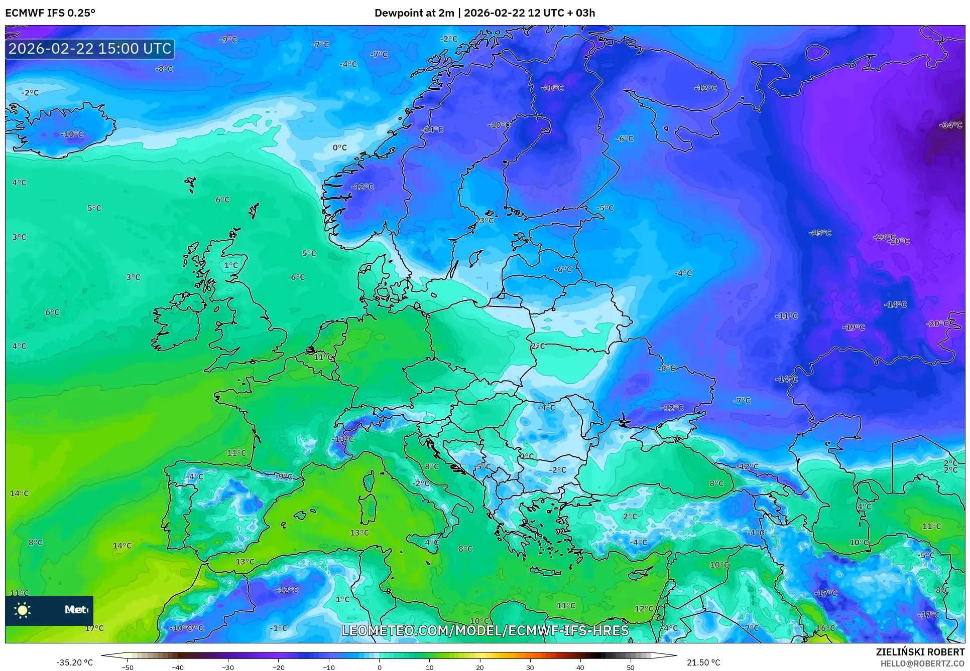 ECMWF IFS 0.25° model - أوروبا, نقطة الندى 2 م