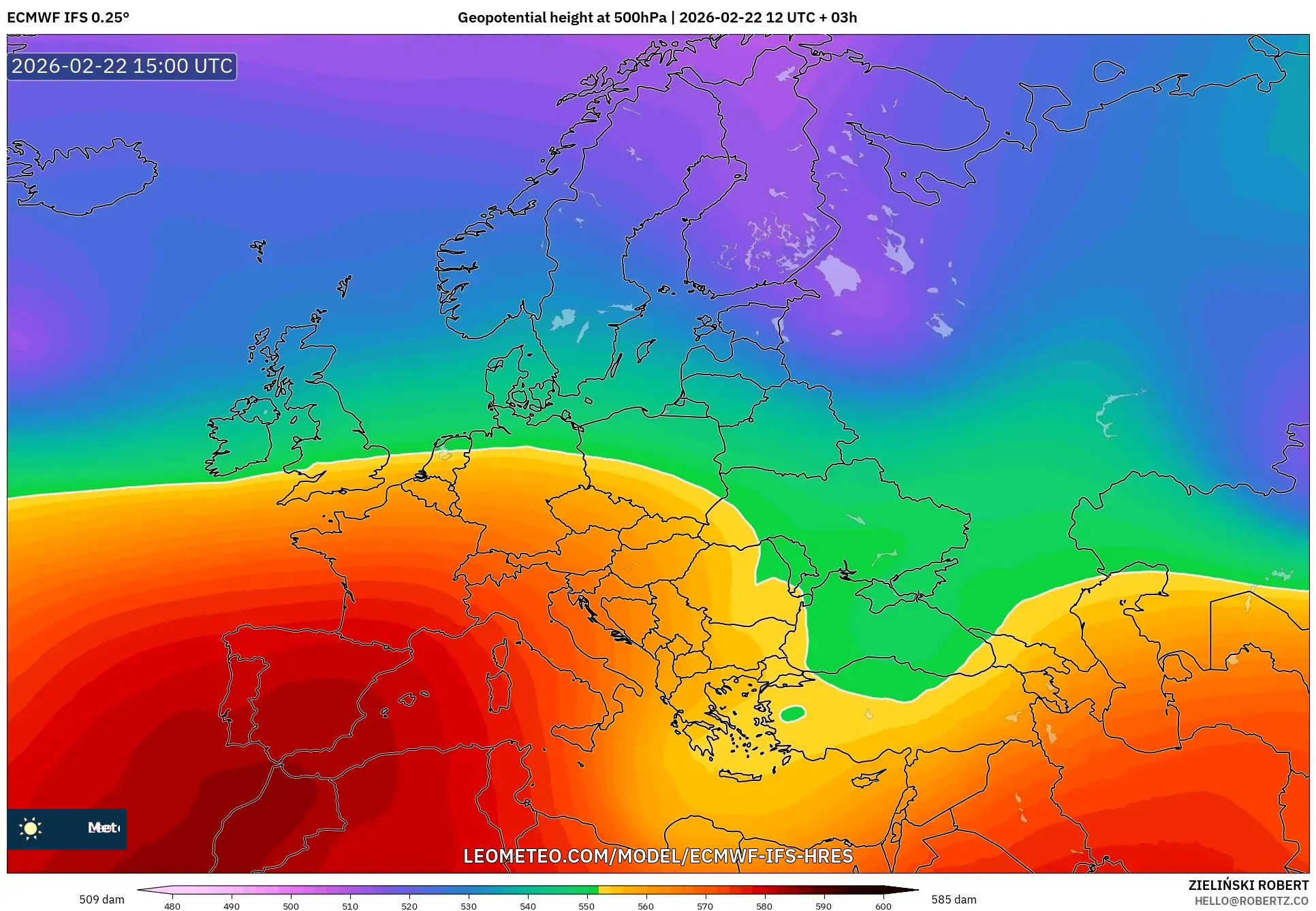 ECMWF IFS 0.25° model - أوروبا, الارتفاع الجهدي عند 500 هكتوباسكال