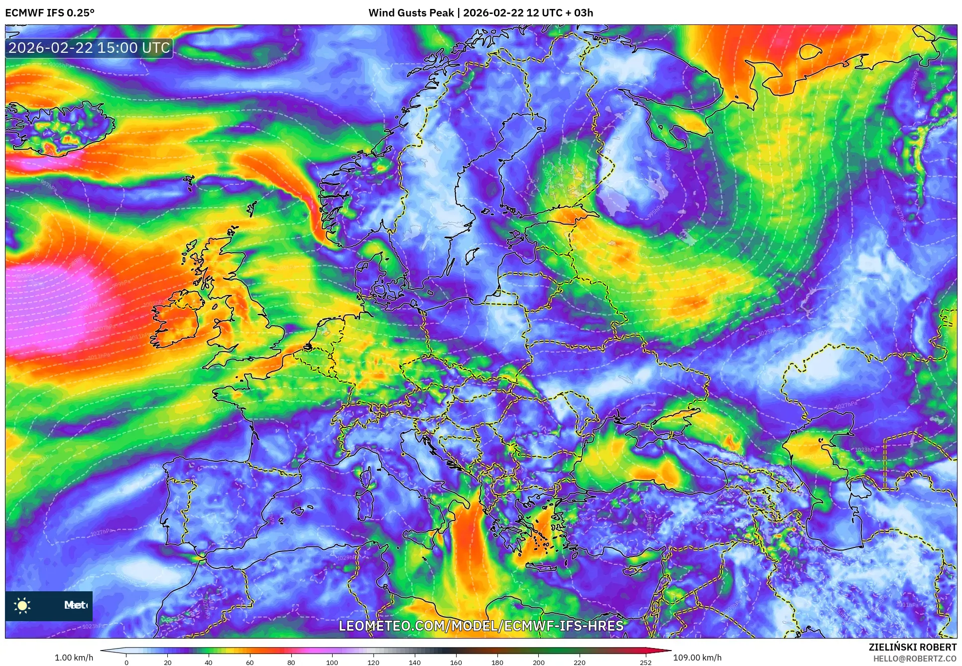 ECMWF IFS 0.25° model - أوروبا, أقصى هبة