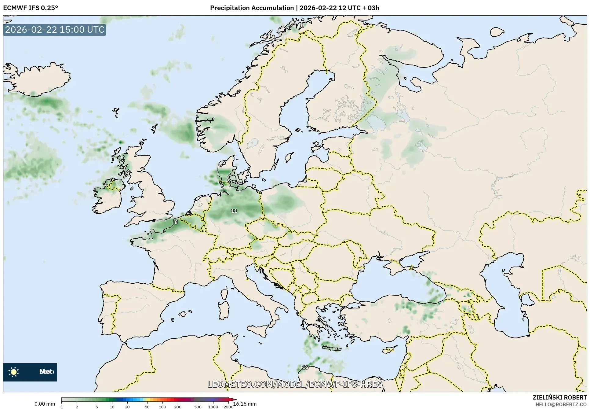 ECMWF IFS 0.25° model - أوروبا, تراكم الهطول
