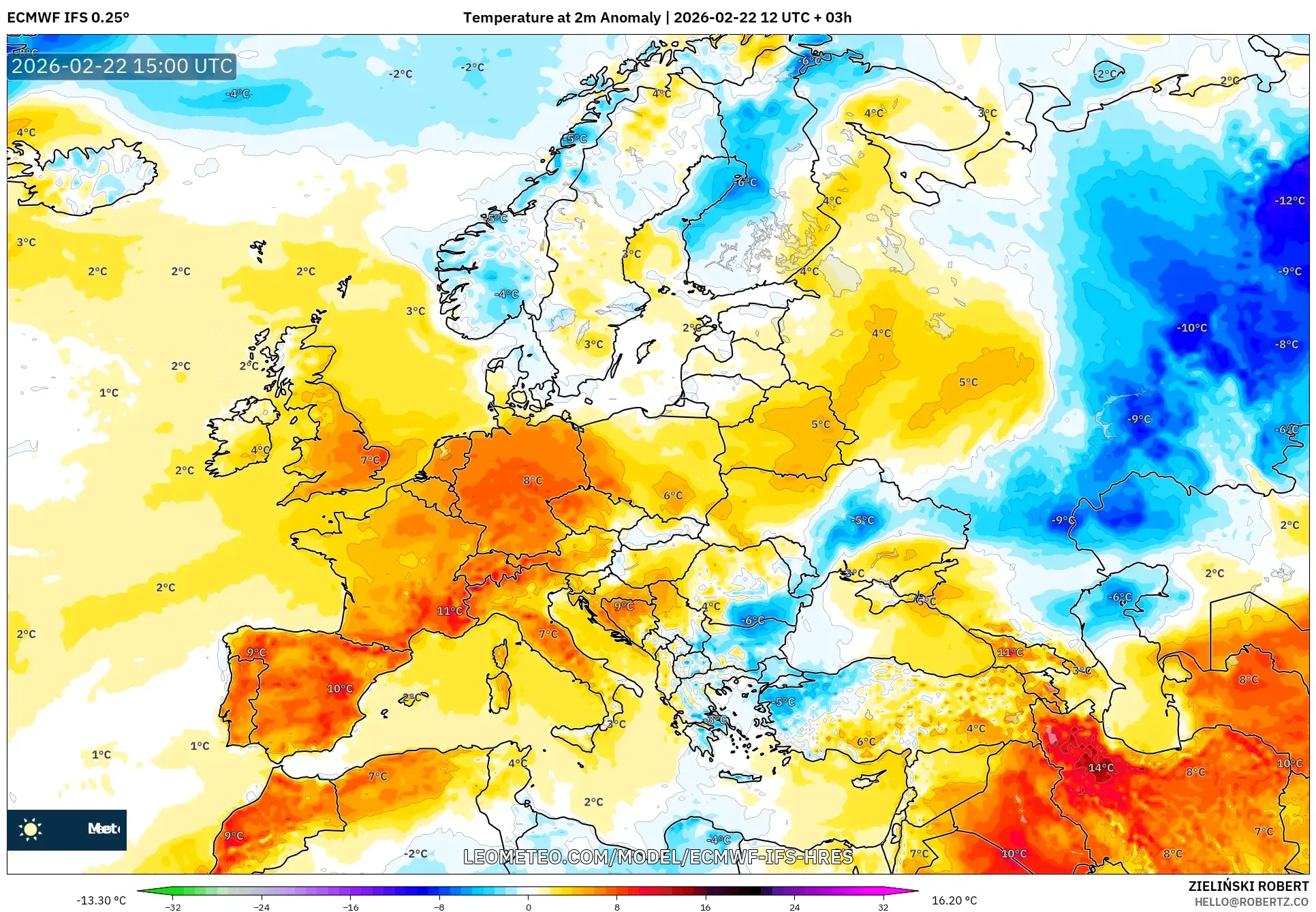 ECMWF IFS 0.25° model - أوروبا, انحراف درجة الحرارة 2 م