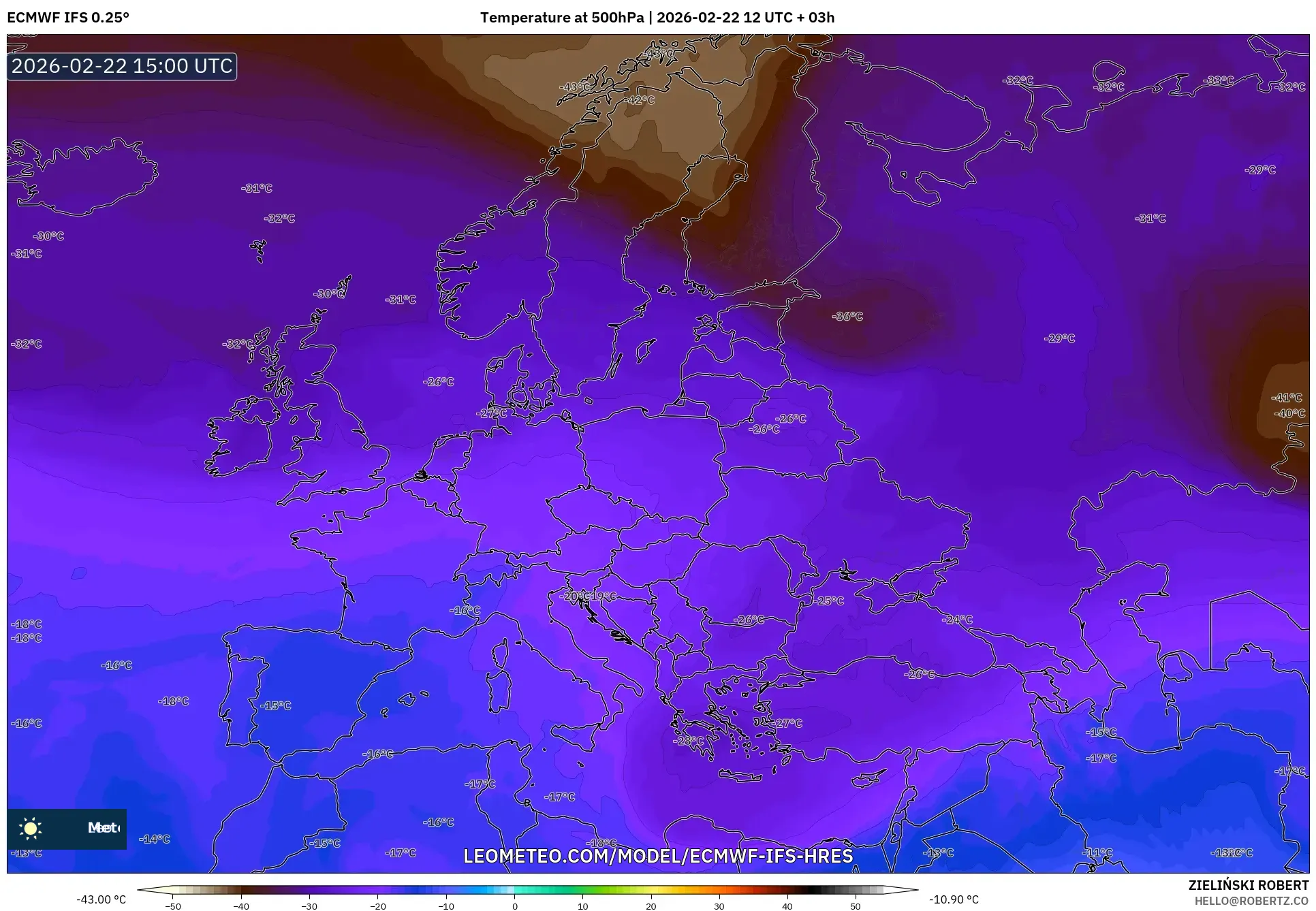 ECMWF IFS 0.25° model - أوروبا, درجة الحرارة 500 hPa
