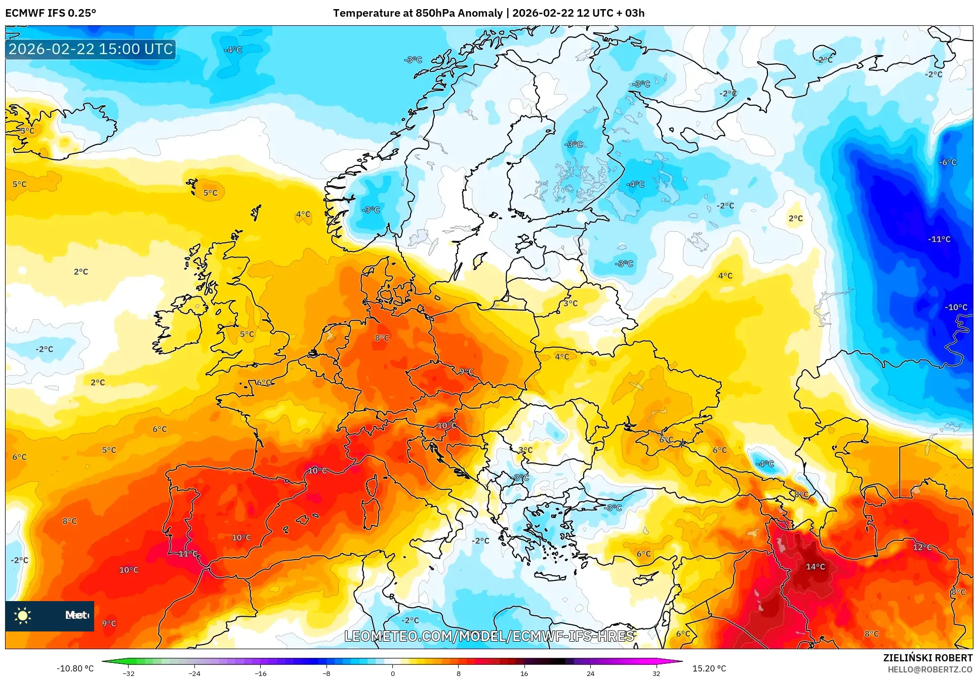 ECMWF IFS 0.25° model - أوروبا, انحراف درجة الحرارة 850 hPa