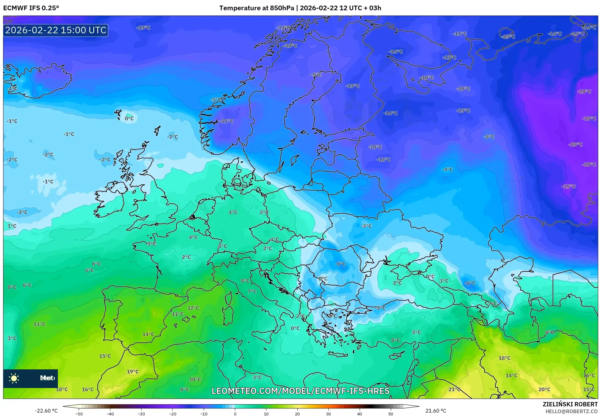 ECMWF IFS 0.25° model - أوروبا, درجة الحرارة 850 hPa