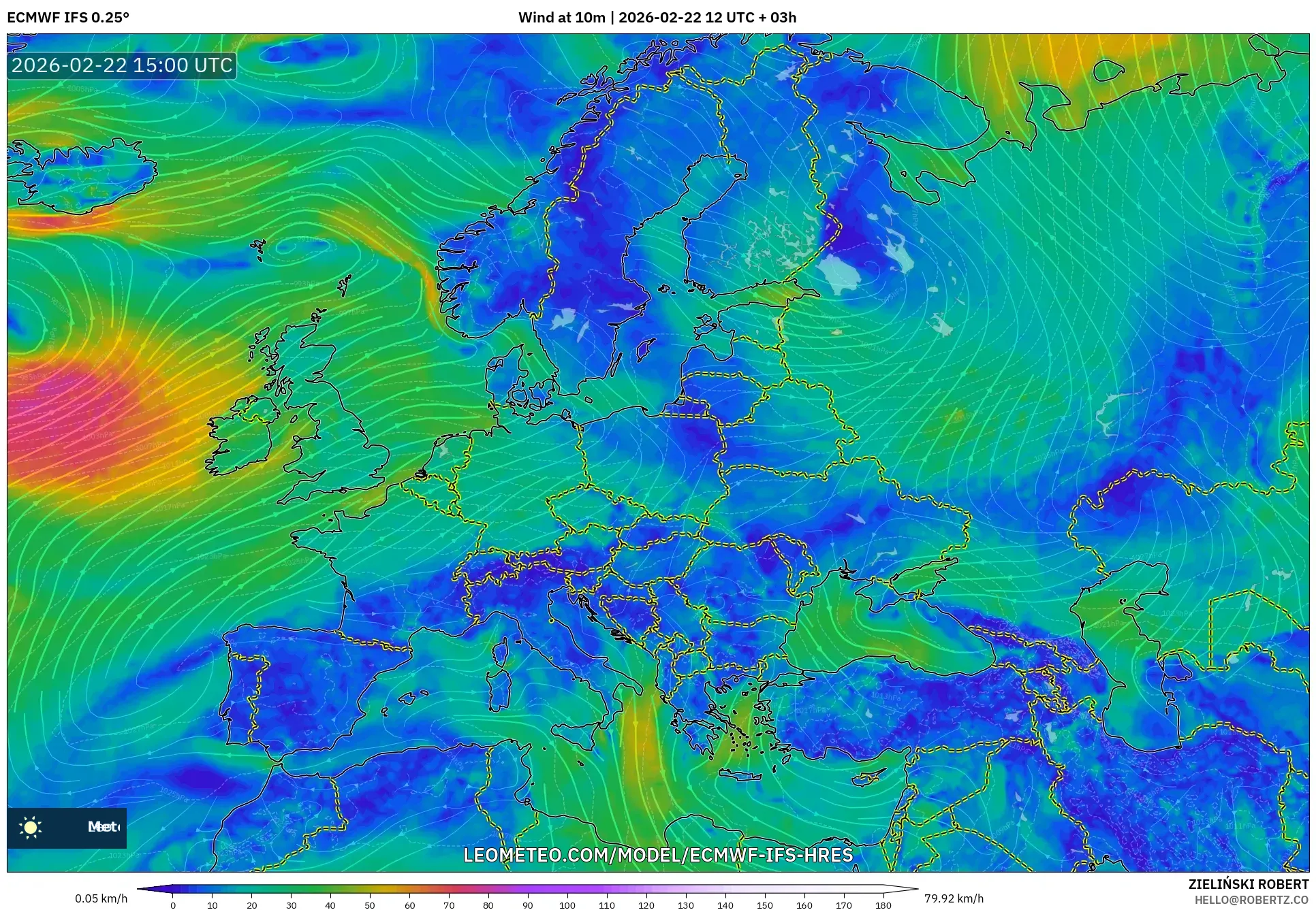 ECMWF IFS 0.25° model - أوروبا, رياح 10 م