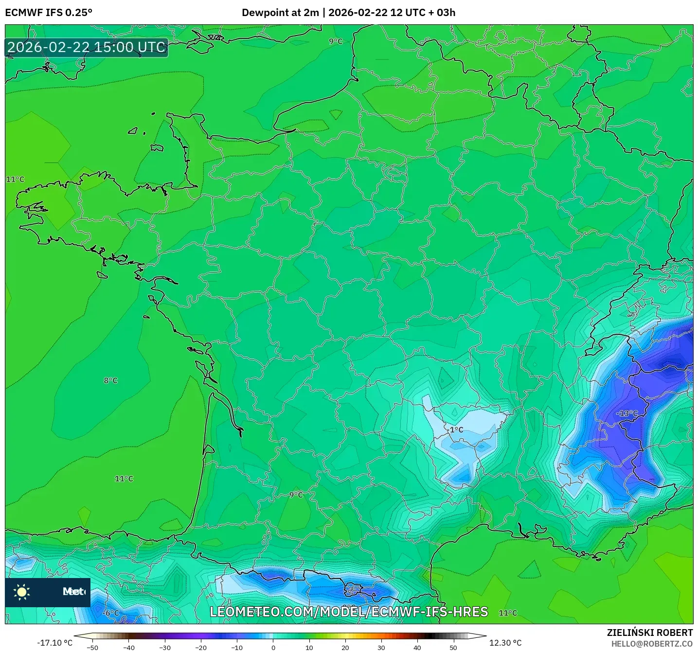 ECMWF IFS 0.25° model - فرنسا, نقطة الندى 2 م