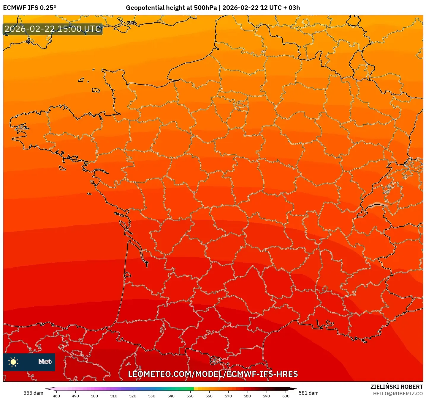 ECMWF IFS 0.25° model - فرنسا, الارتفاع الجهدي عند 500 هكتوباسكال