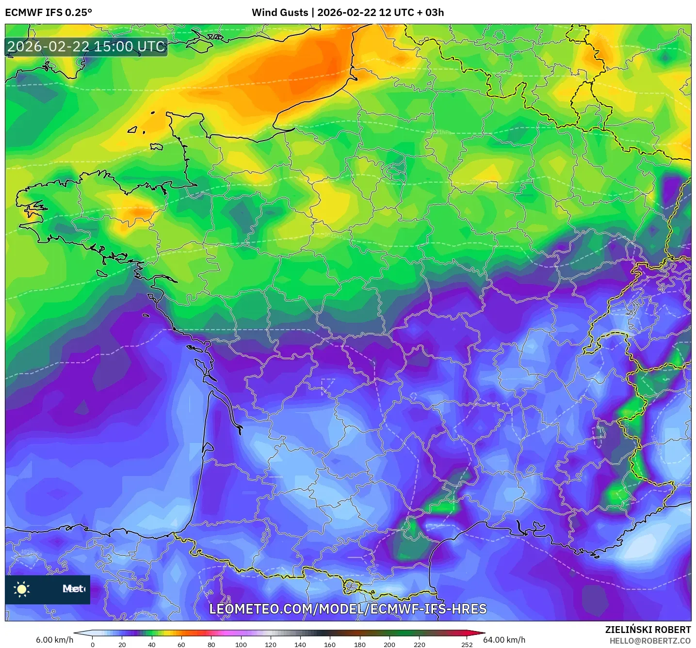 ECMWF IFS 0.25° model - فرنسا, هبات الرياح