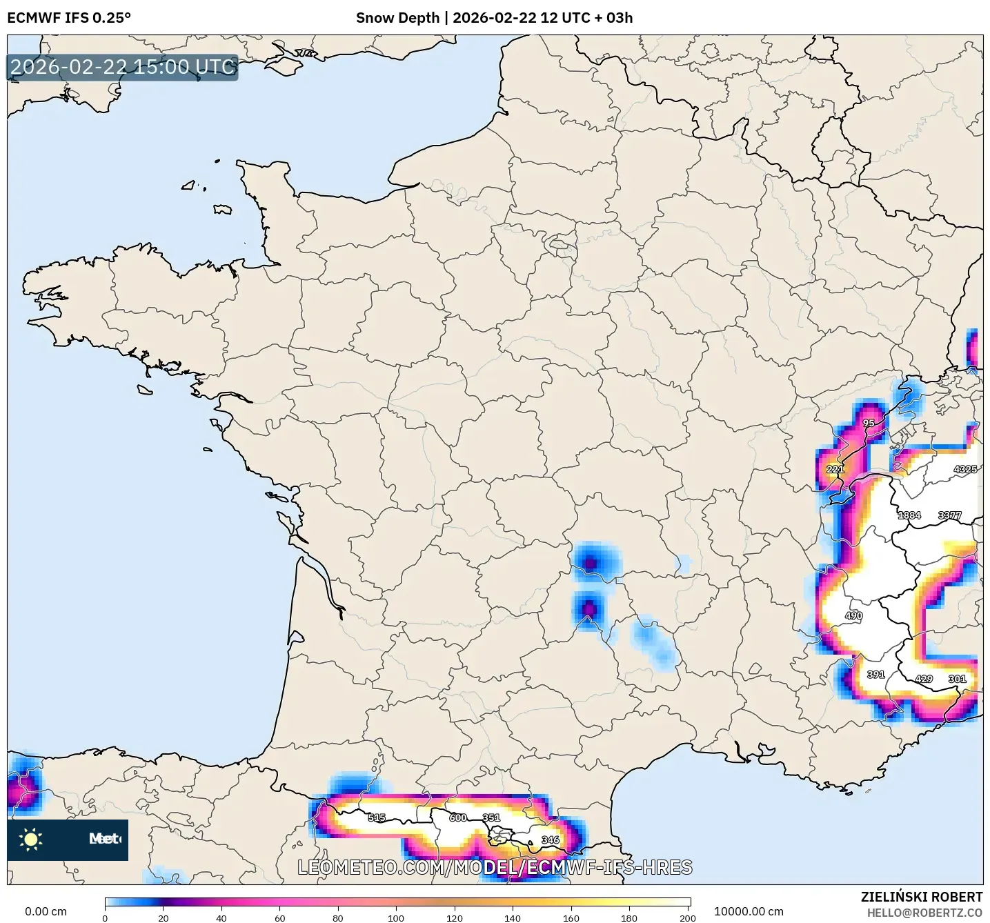 ECMWF IFS 0.25° model - فرنسا, عمق الثلج