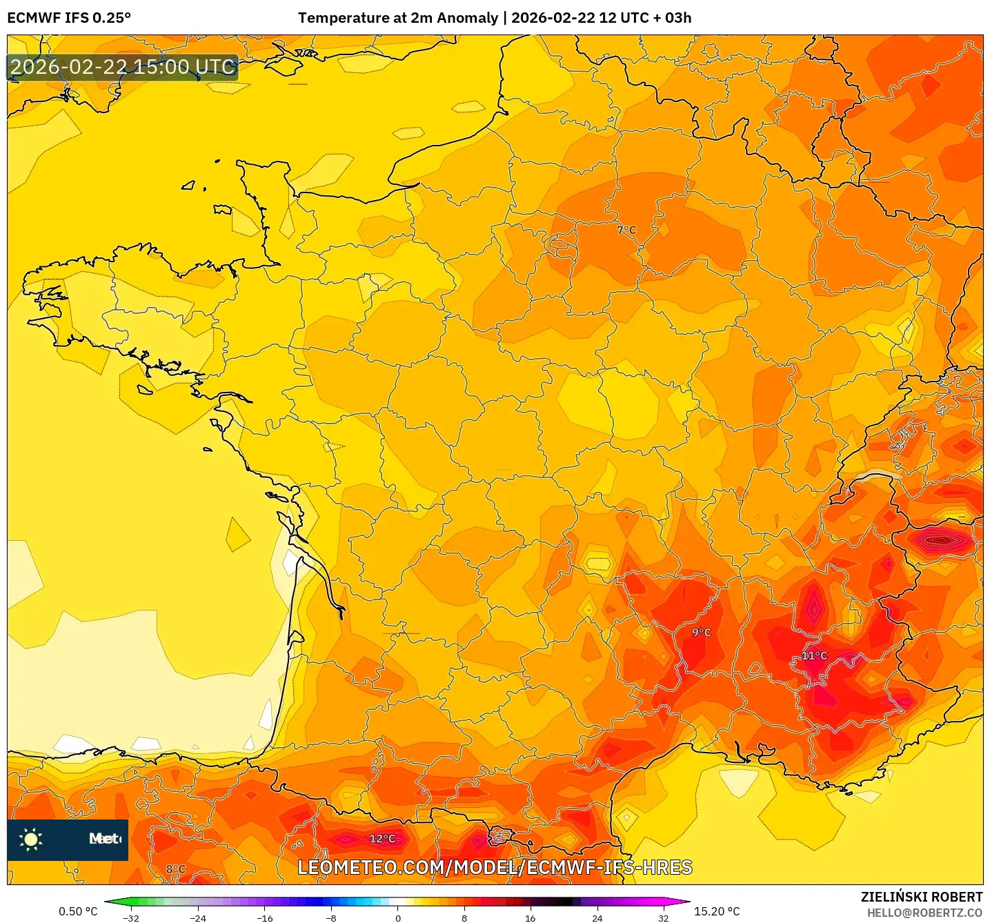 ECMWF IFS 0.25° model - فرنسا, انحراف درجة الحرارة 2 م