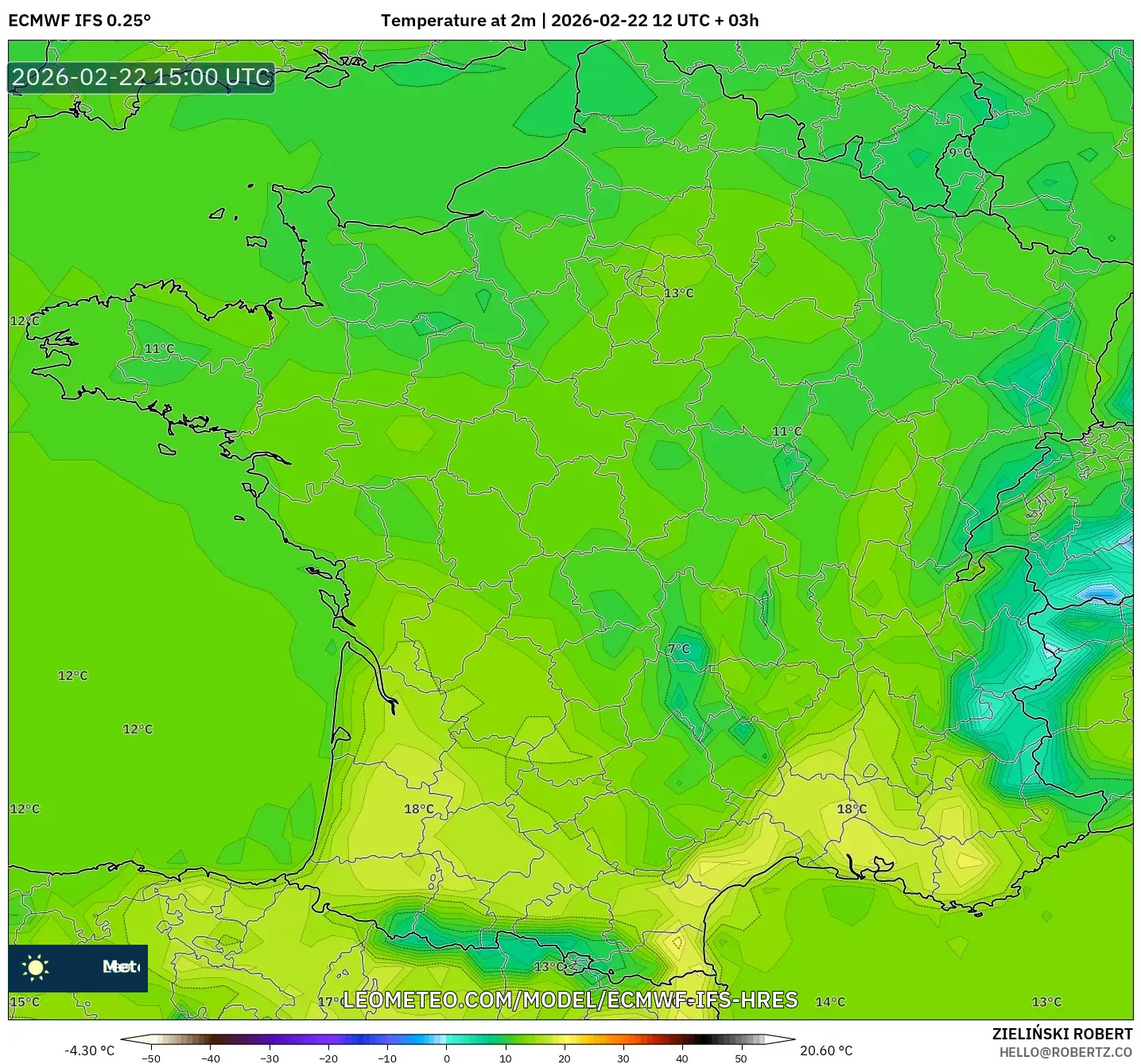ECMWF IFS 0.25° model - فرنسا, درجة الحرارة على ارتفاع 2 م