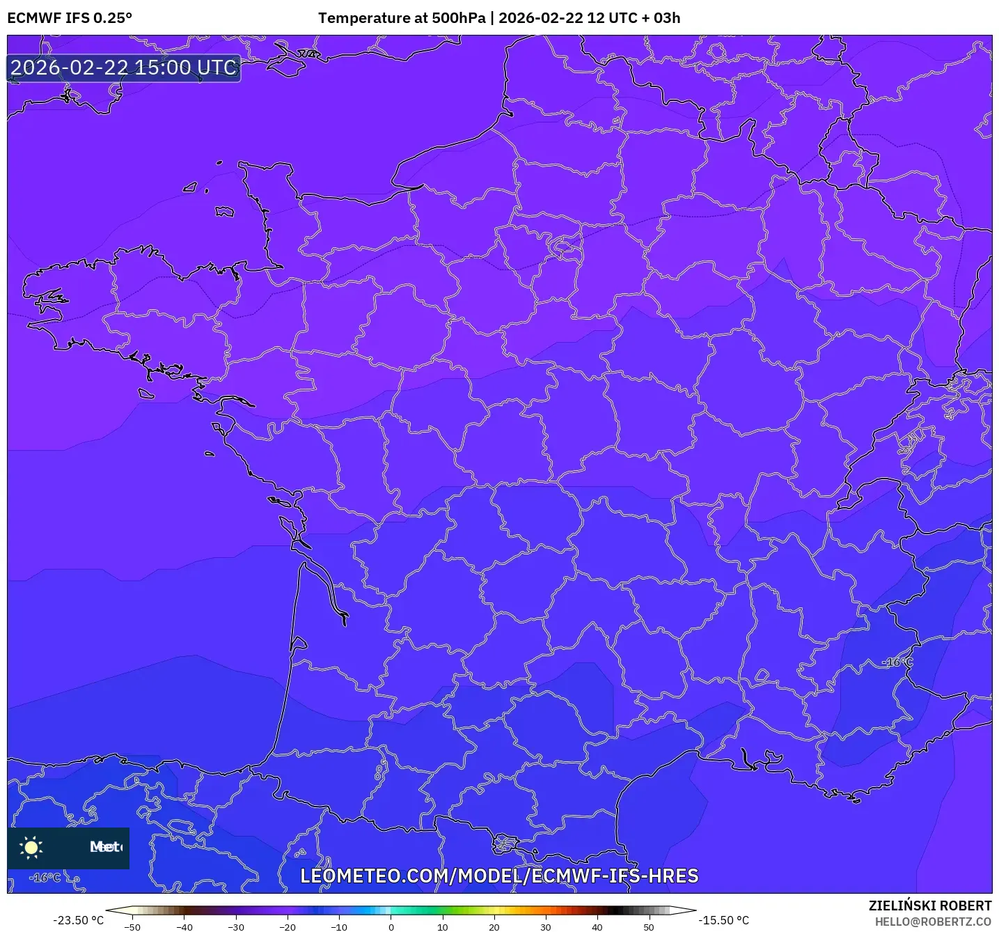 ECMWF IFS 0.25° model - فرنسا, درجة الحرارة 500 hPa