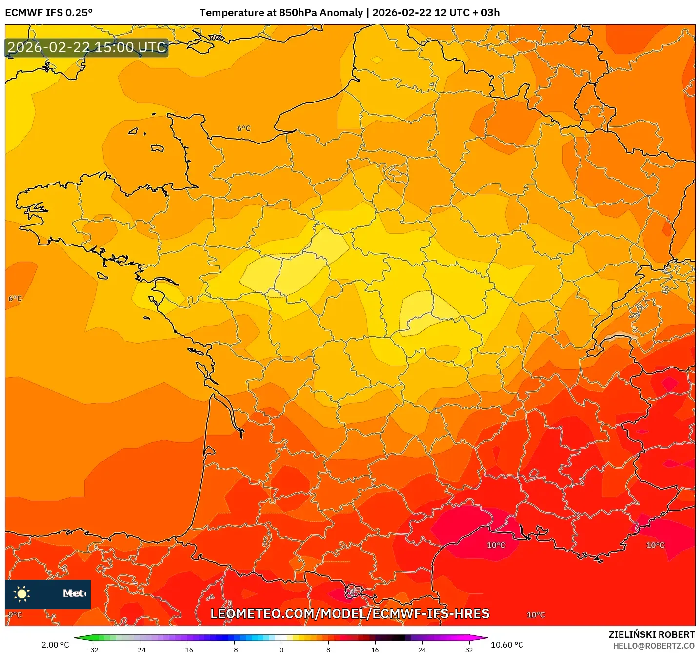 ECMWF IFS 0.25° model - فرنسا, انحراف درجة الحرارة 850 hPa