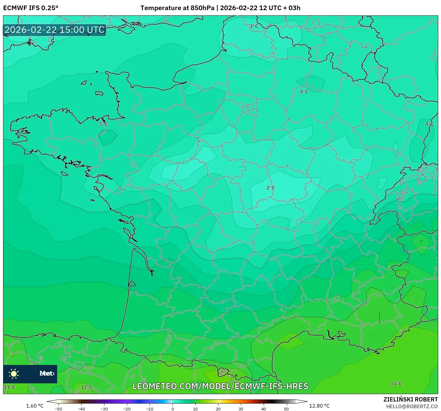 ECMWF IFS 0.25° model - فرنسا, درجة الحرارة 850 hPa