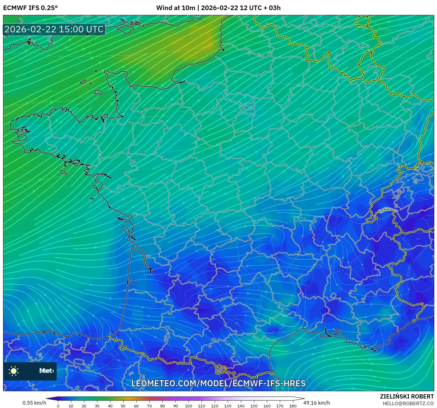ECMWF IFS 0.25° model - فرنسا, رياح 10 م