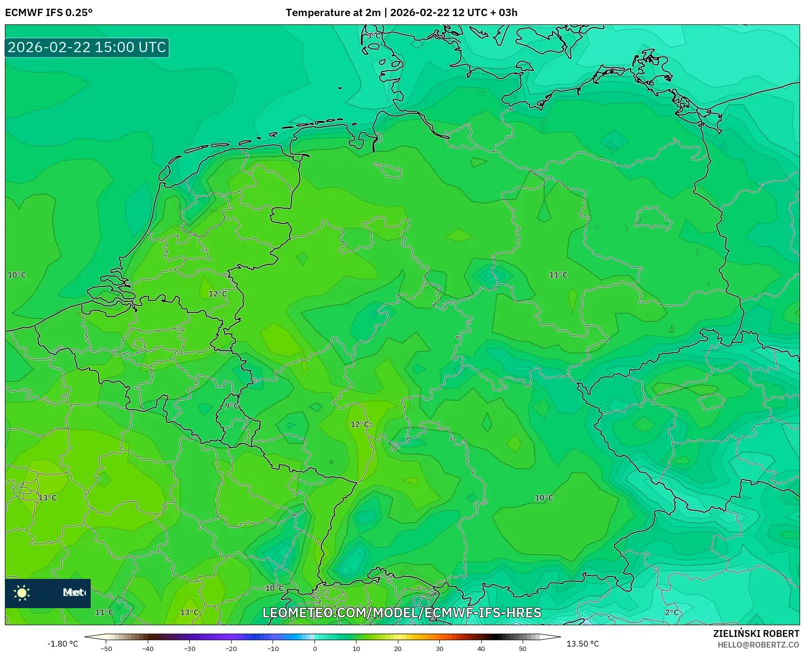 ECMWF IFS 0.25° model - ألمانيا, درجة الحرارة على ارتفاع 2 م
