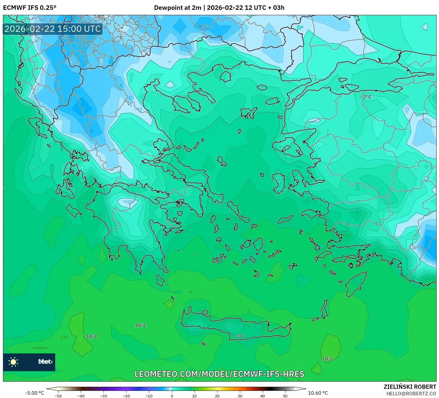 ECMWF IFS 0.25° model - اليونان, نقطة الندى 2 م