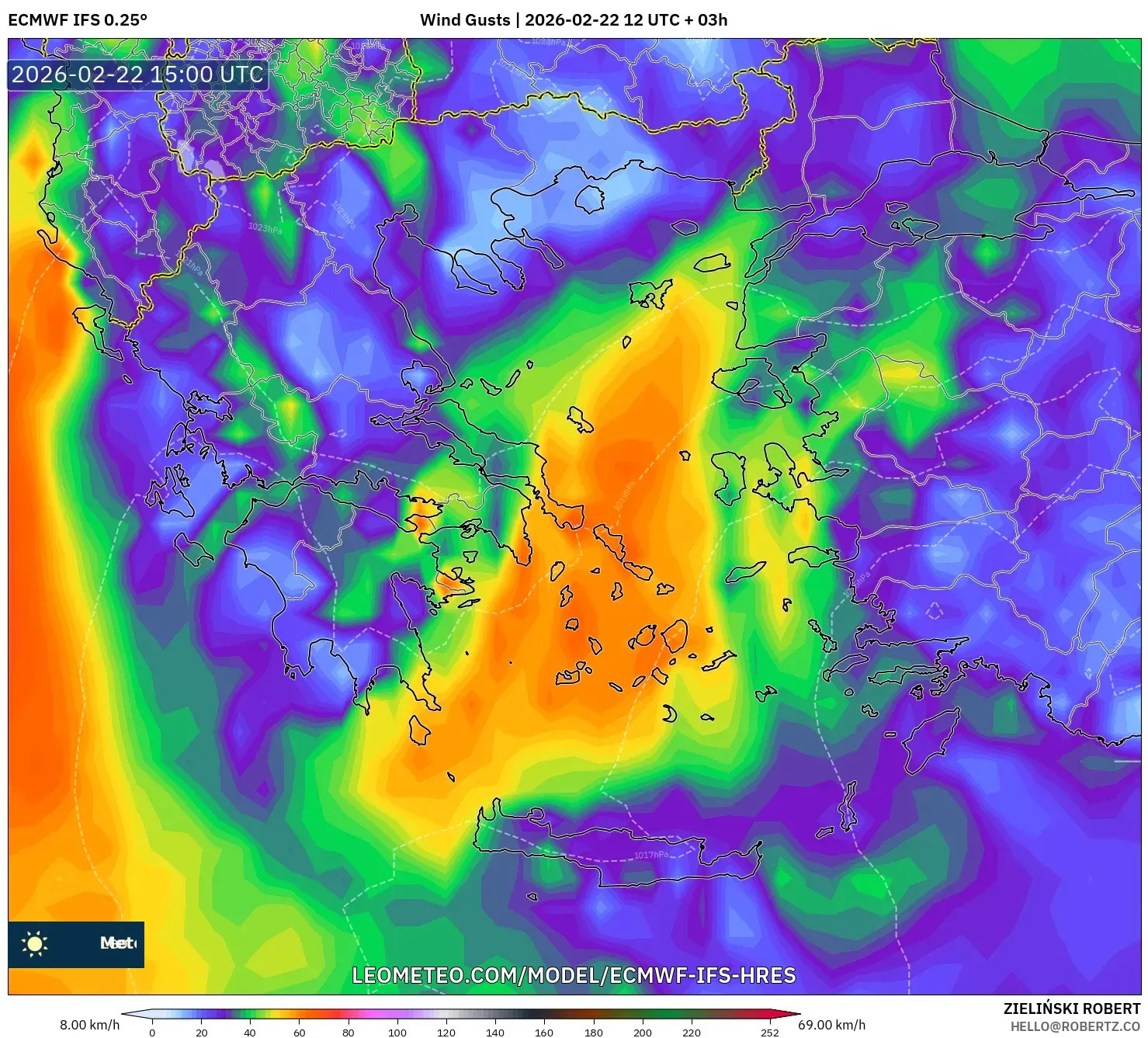 ECMWF IFS 0.25° model - اليونان, هبات الرياح
