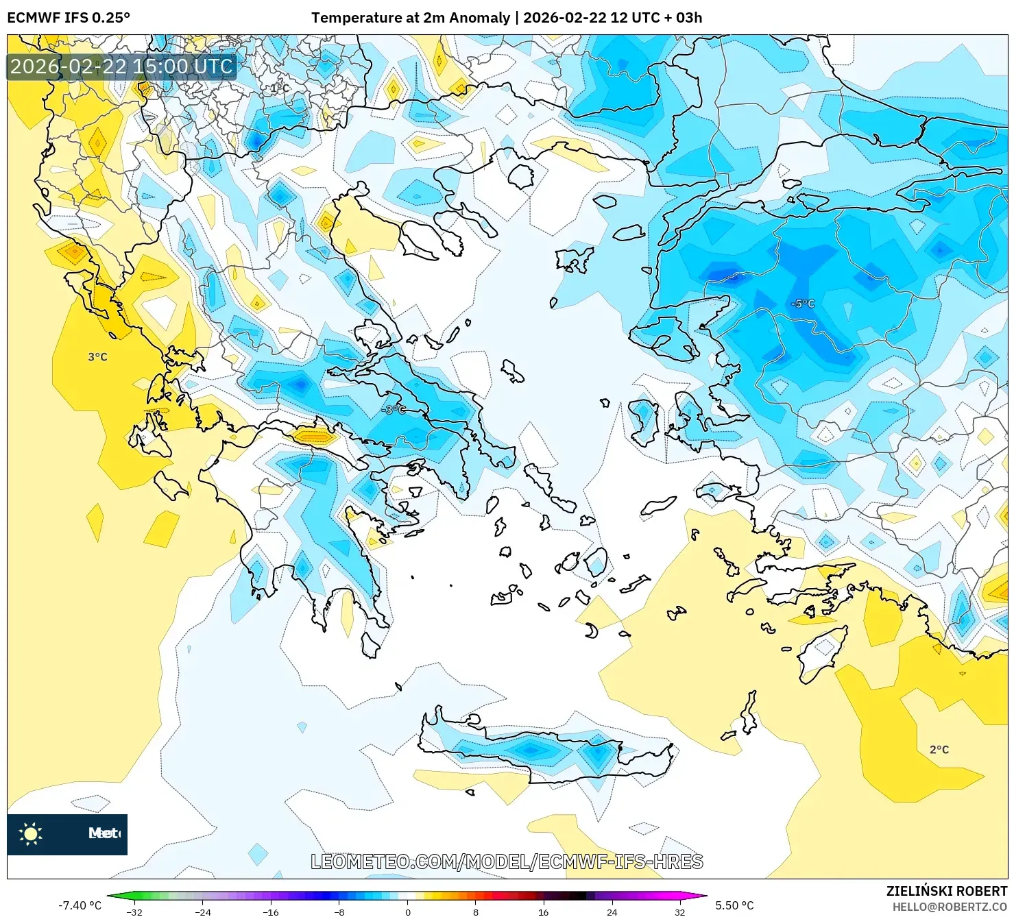 ECMWF IFS 0.25° model - اليونان, انحراف درجة الحرارة 2 م