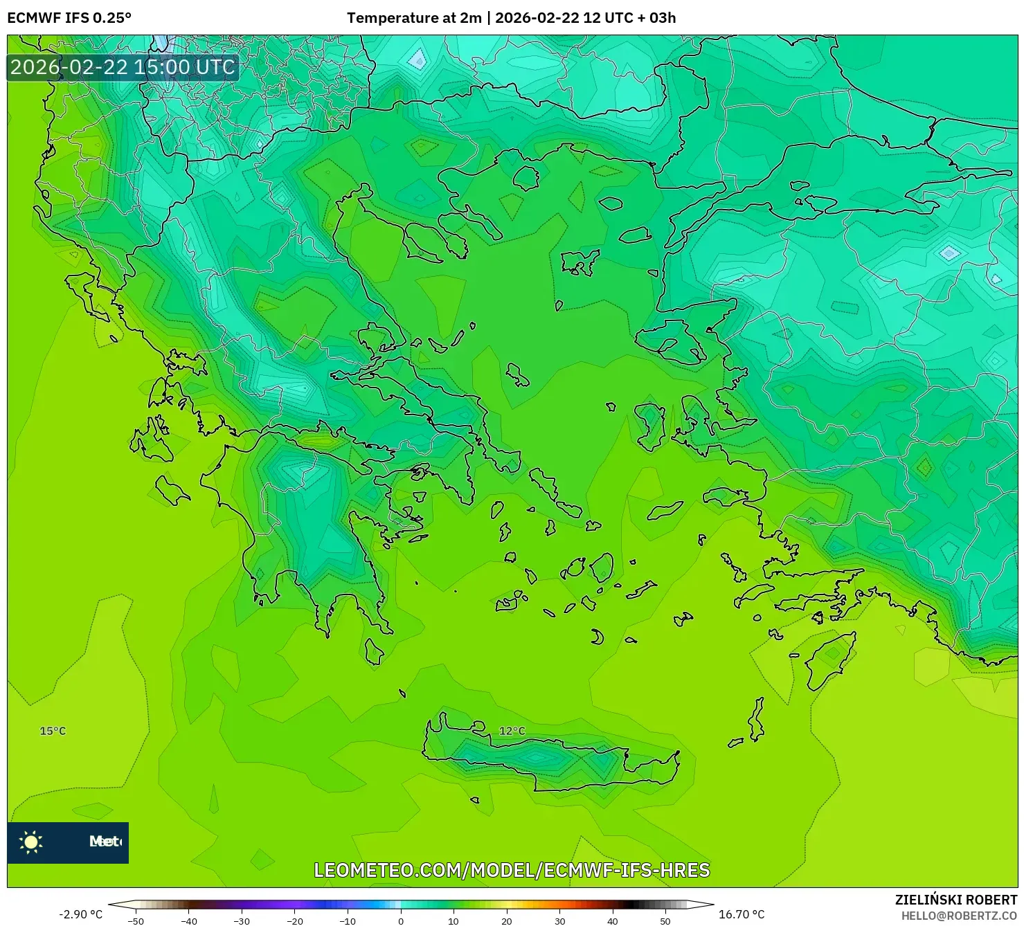 ECMWF IFS 0.25° model - اليونان, درجة الحرارة على ارتفاع 2 م