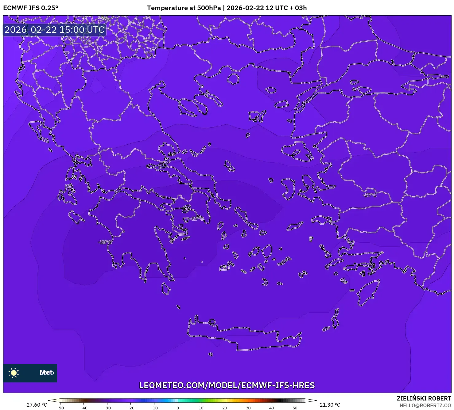 ECMWF IFS 0.25° model - اليونان, درجة الحرارة 500 hPa