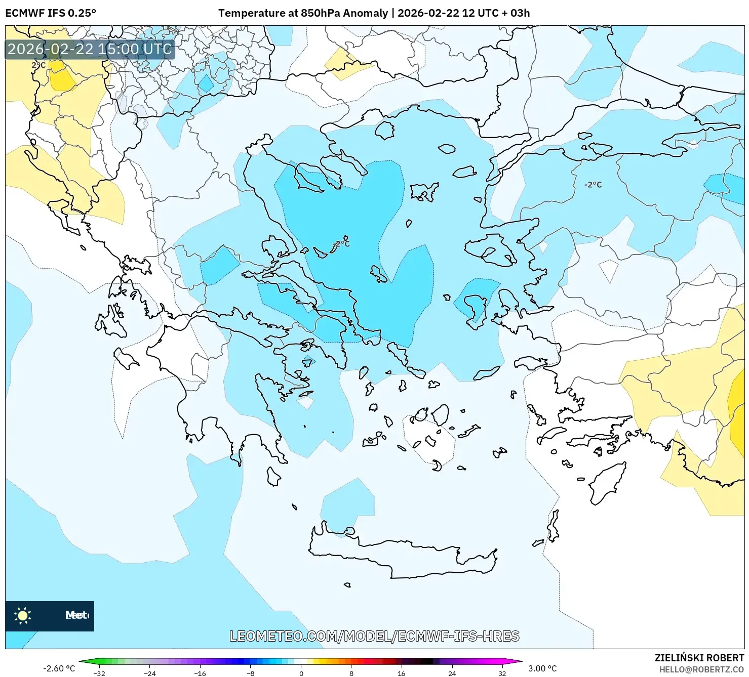 ECMWF IFS 0.25° model - اليونان, انحراف درجة الحرارة 850 hPa
