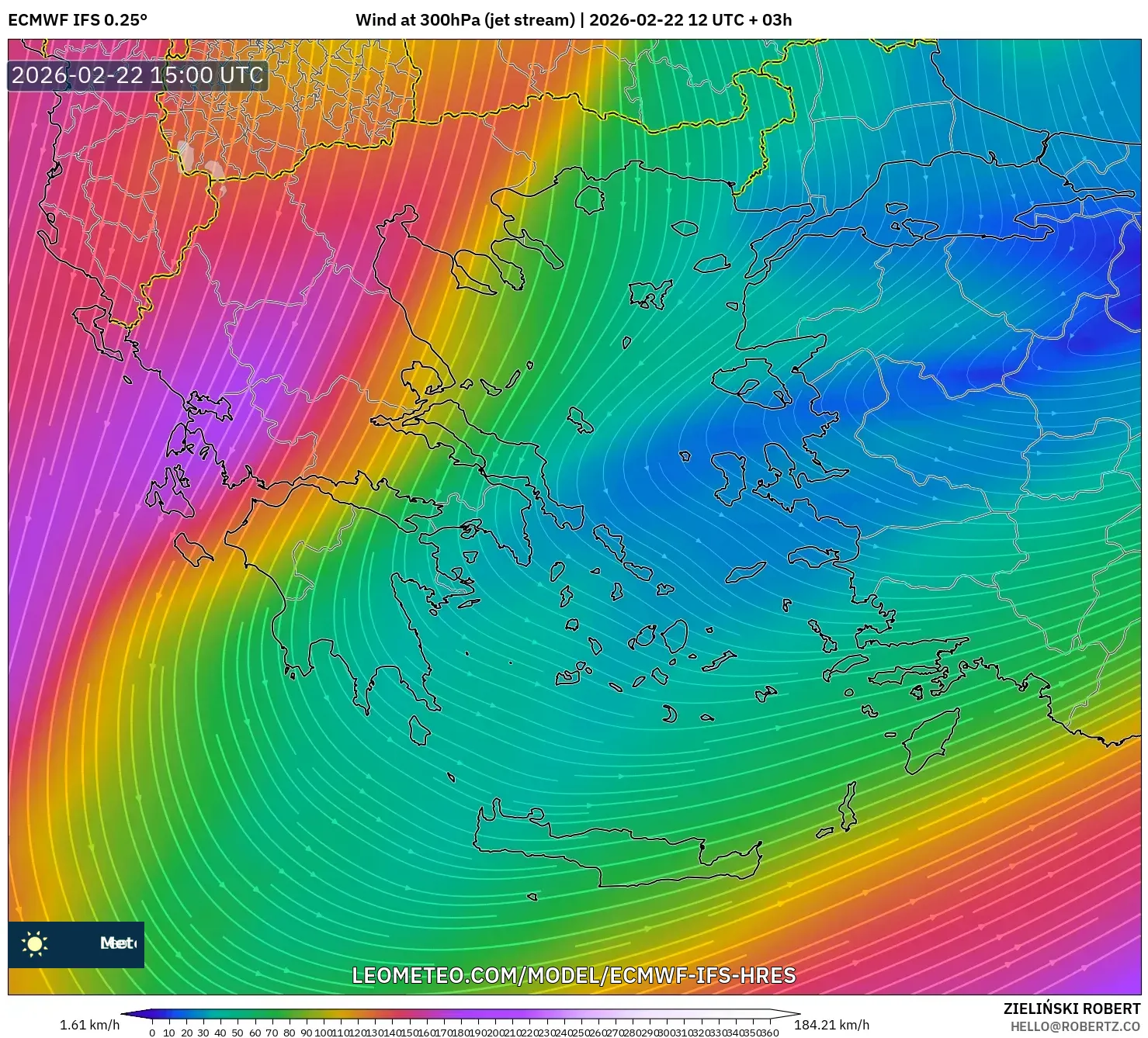 ECMWF IFS 0.25° model - اليونان, رياح 300 hPa (تيار نفاث)