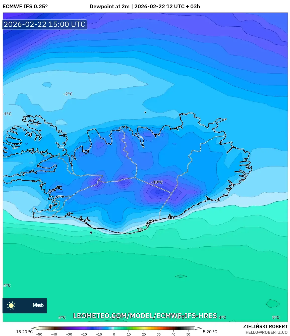 ECMWF IFS 0.25° model - آيسلندا, نقطة الندى 2 م