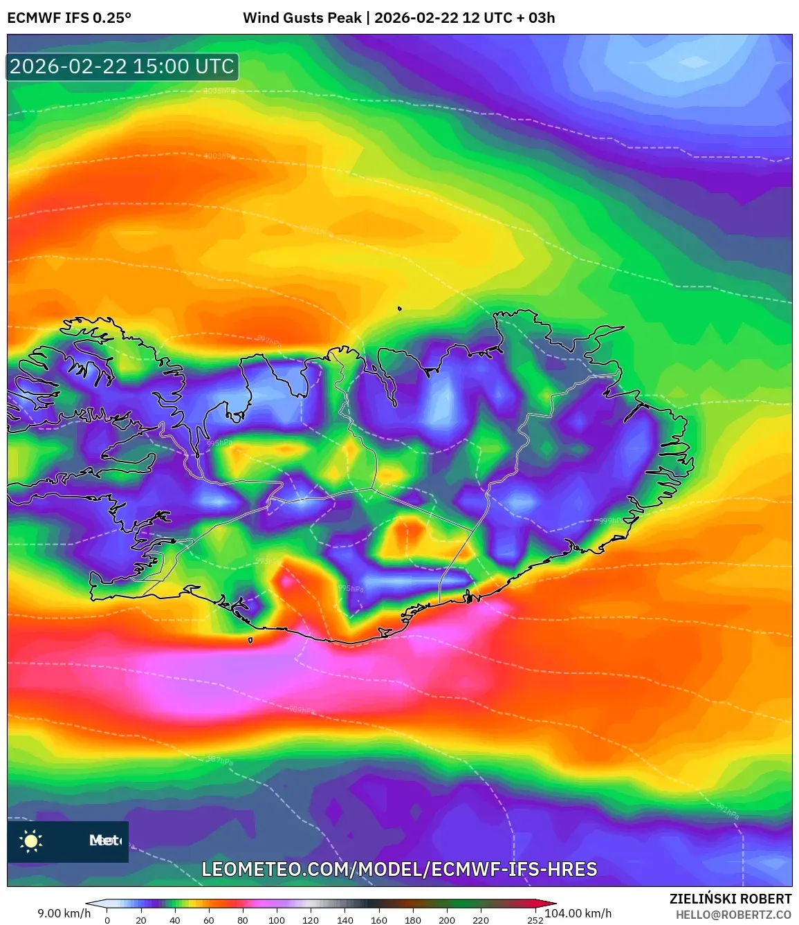 ECMWF IFS 0.25° model - آيسلندا, أقصى هبة