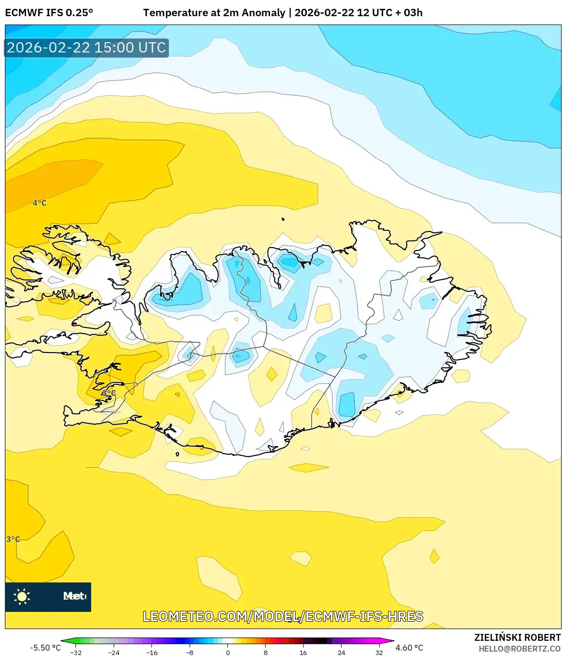 ECMWF IFS 0.25° model - آيسلندا, انحراف درجة الحرارة 2 م