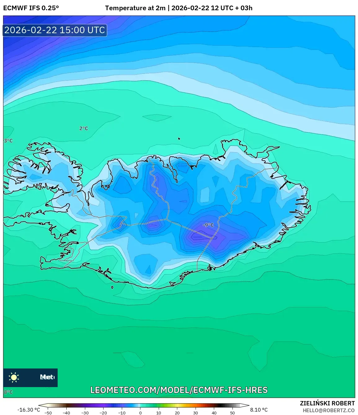 ECMWF IFS 0.25° model - آيسلندا, درجة الحرارة على ارتفاع 2 م