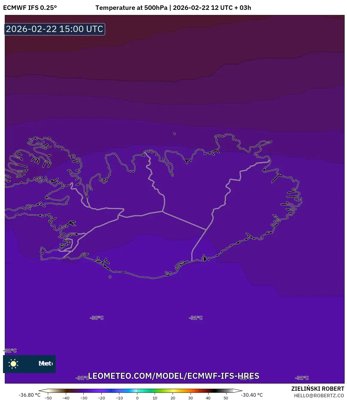 ECMWF IFS 0.25° model - آيسلندا, درجة الحرارة 500 hPa