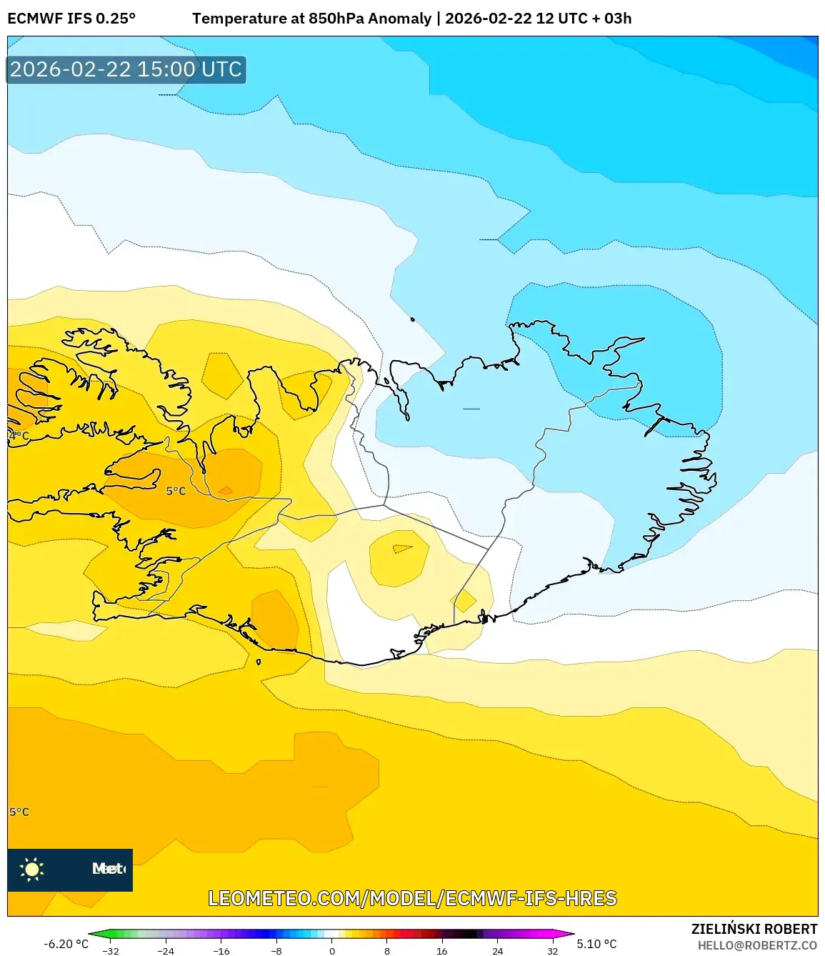 ECMWF IFS 0.25° model - آيسلندا, انحراف درجة الحرارة 850 hPa