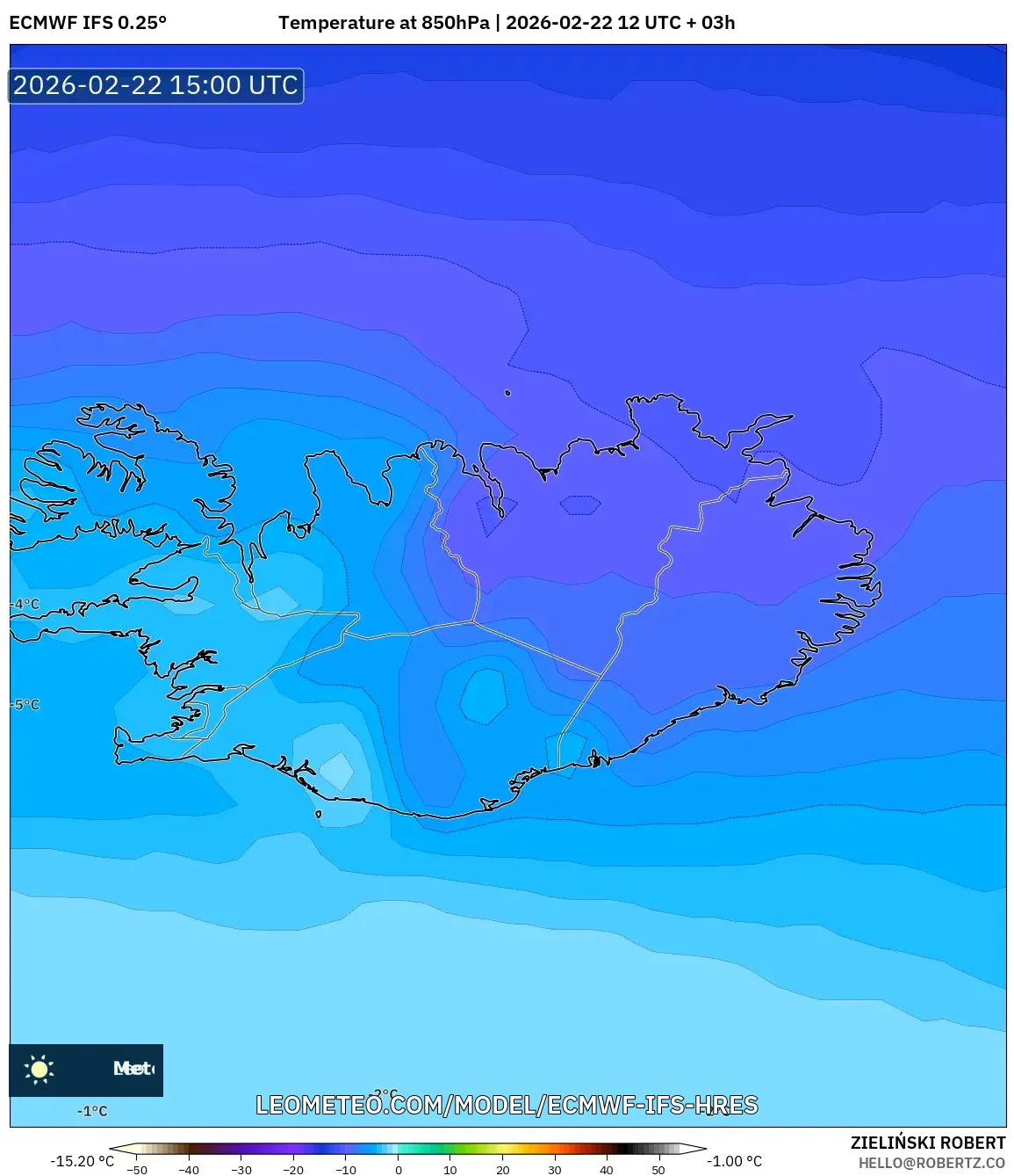 ECMWF IFS 0.25° model - آيسلندا, درجة الحرارة 850 hPa
