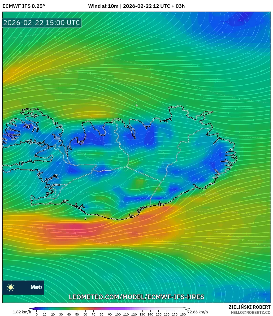 ECMWF IFS 0.25° model - آيسلندا, رياح 10 م