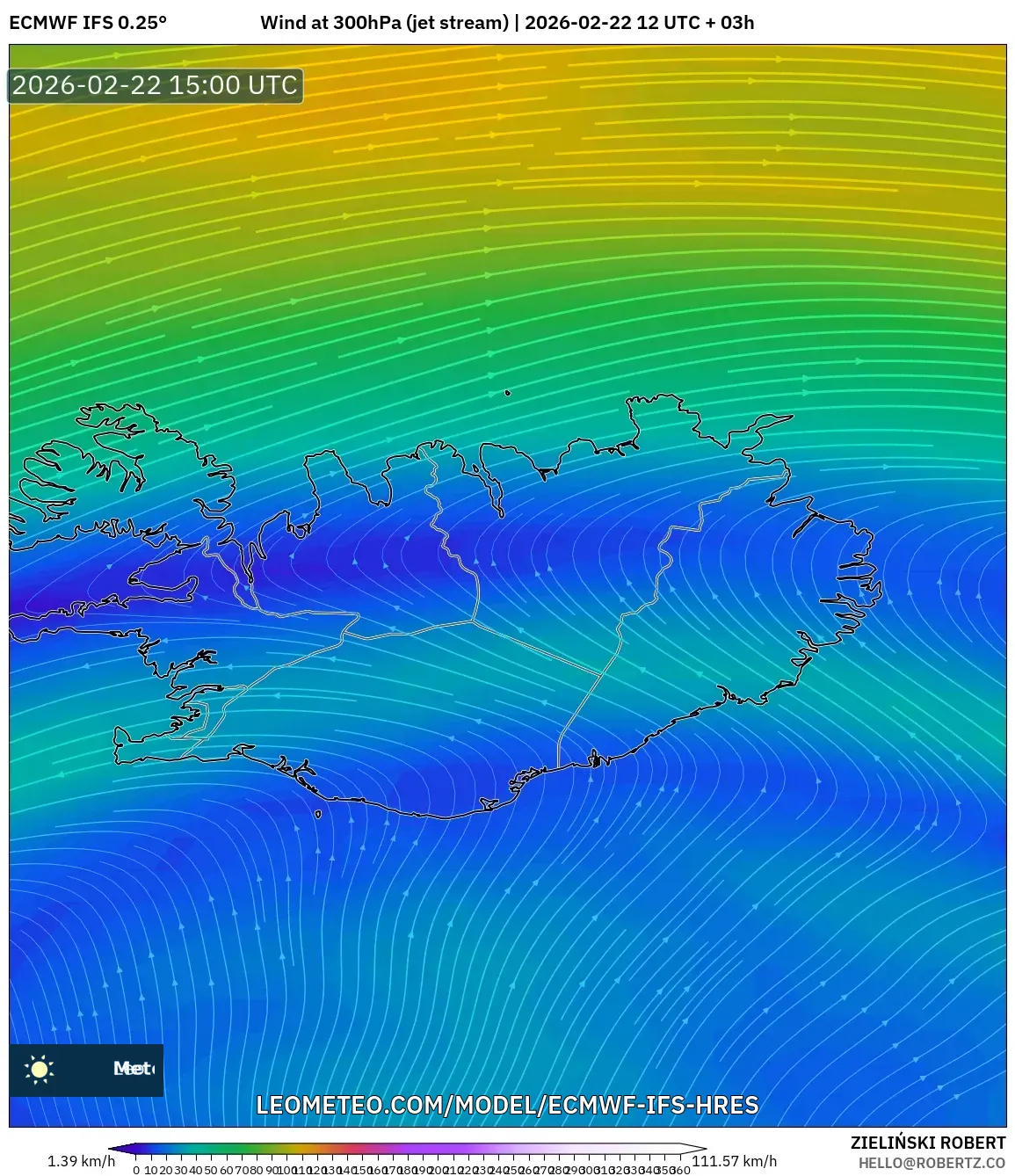 ECMWF IFS 0.25° model - آيسلندا, رياح 300 hPa (تيار نفاث)