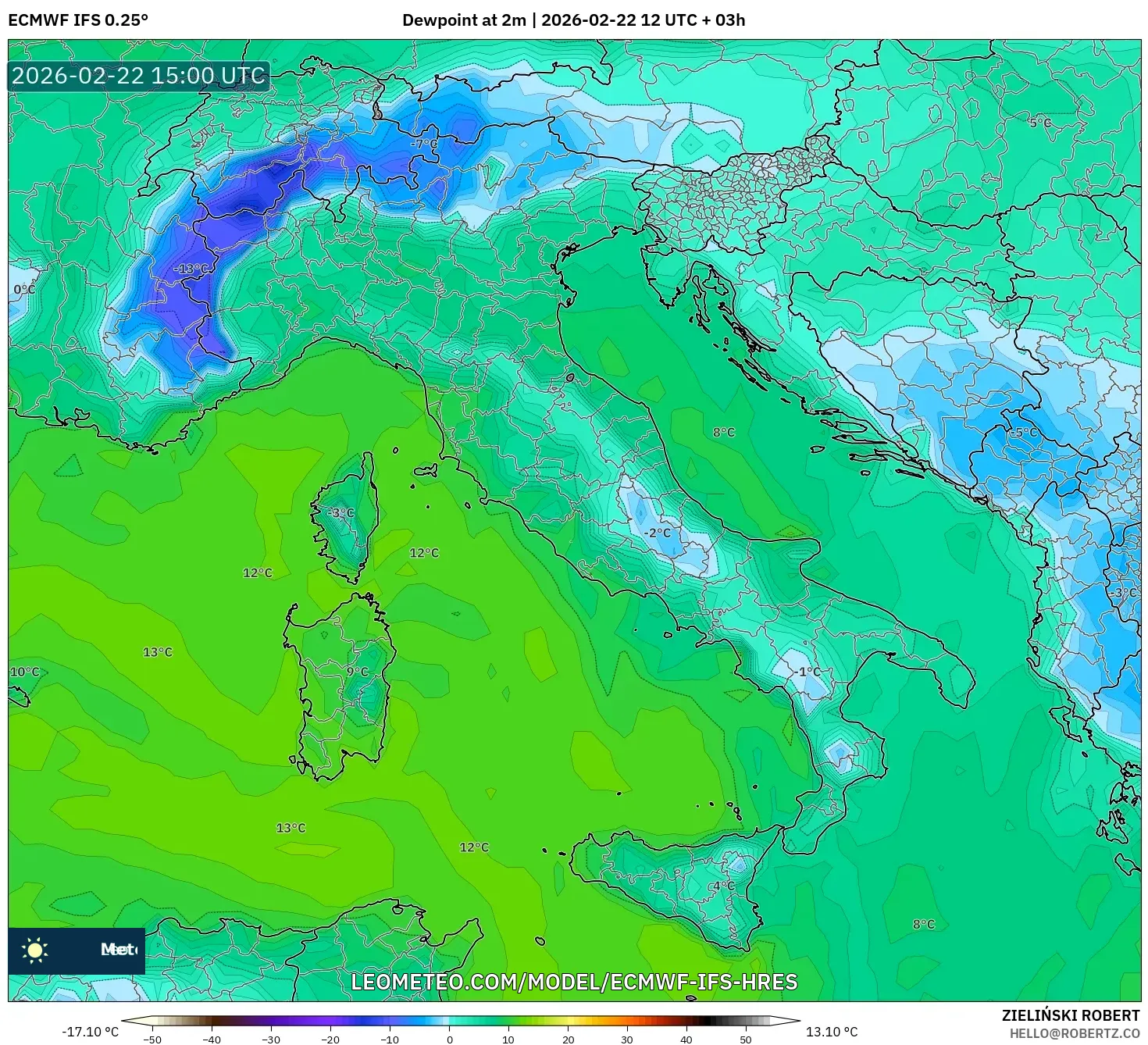 ECMWF IFS 0.25° model - إيطاليا, نقطة الندى 2 م