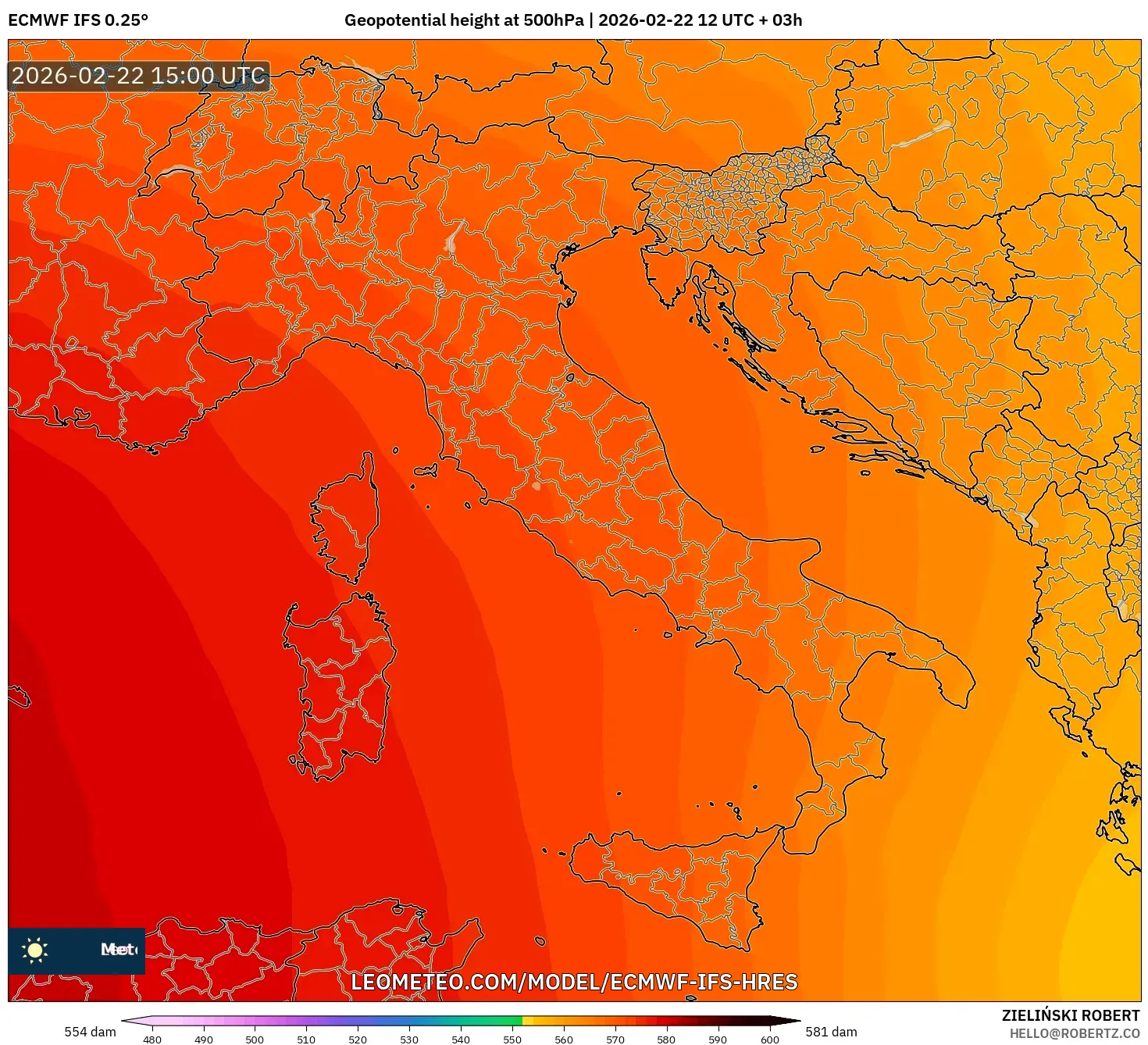 ECMWF IFS 0.25° model - إيطاليا, الارتفاع الجهدي عند 500 هكتوباسكال