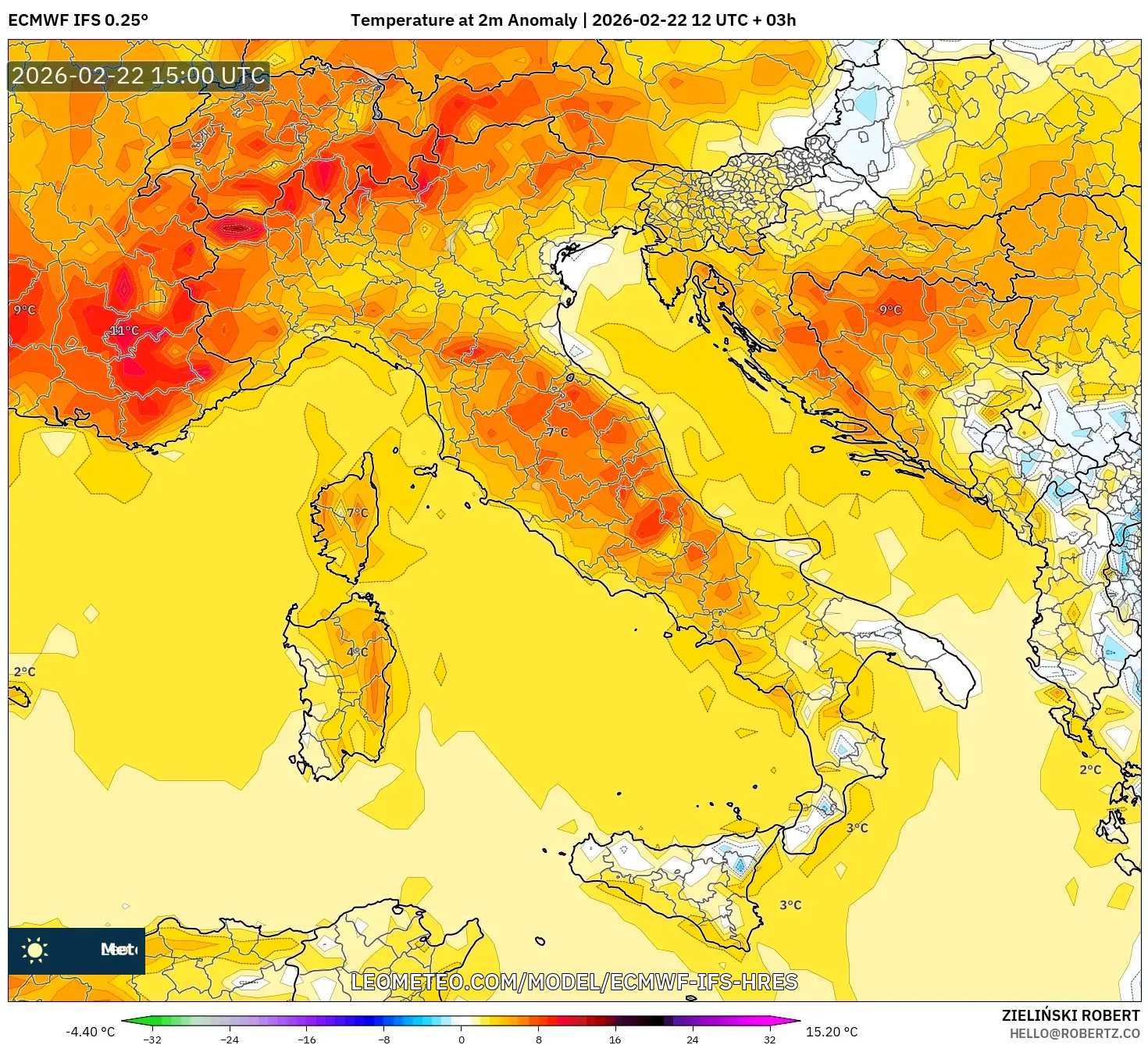 ECMWF IFS 0.25° model - إيطاليا, انحراف درجة الحرارة 2 م