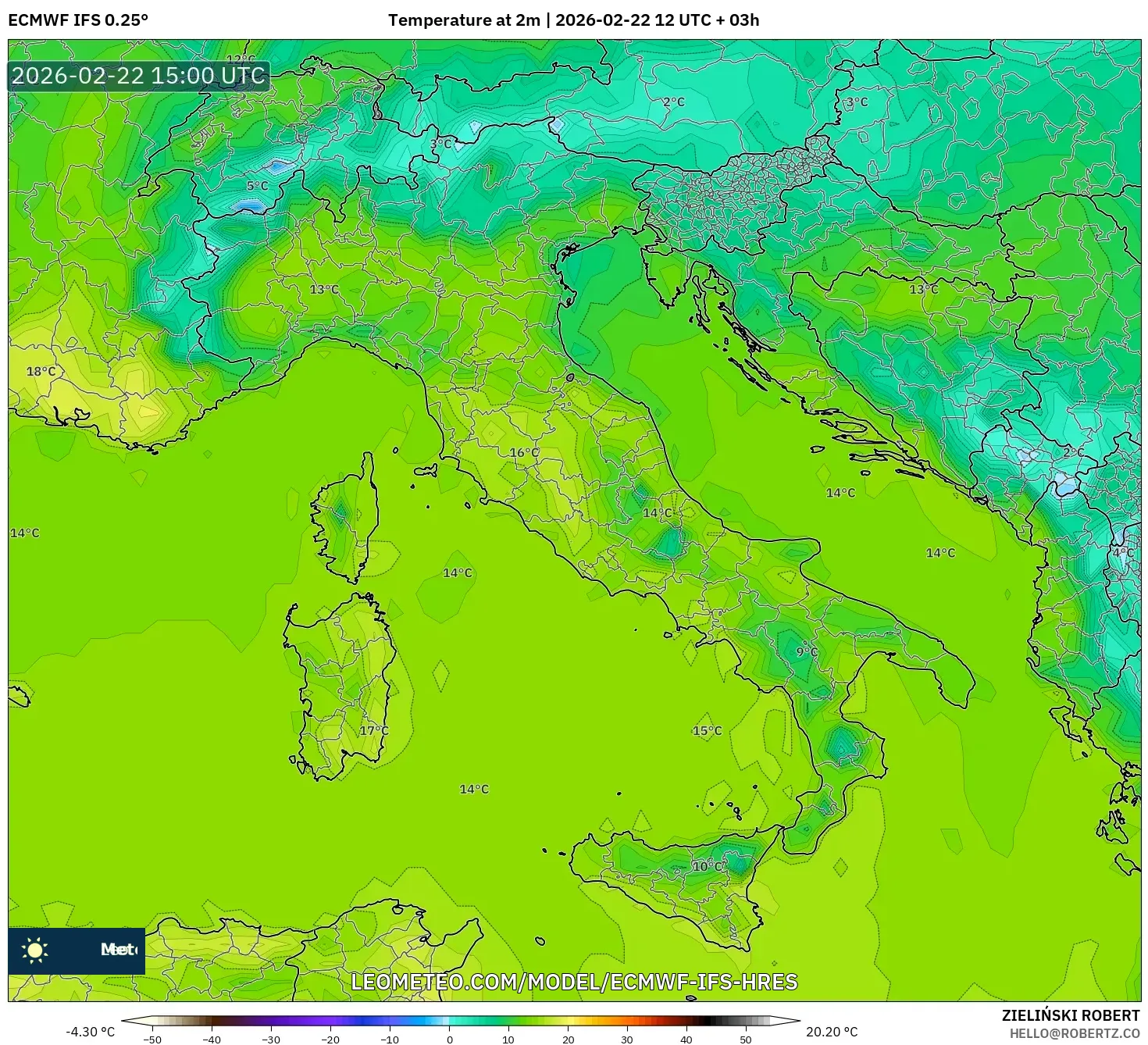 ECMWF IFS 0.25° model - إيطاليا, درجة الحرارة على ارتفاع 2 م