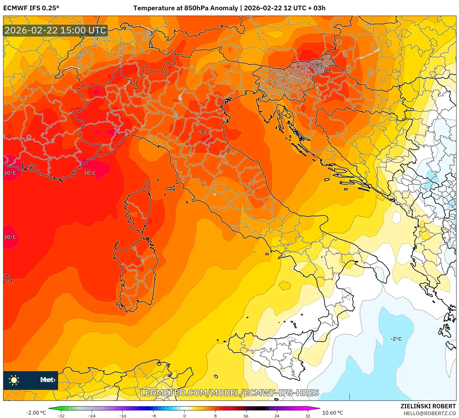 ECMWF IFS 0.25° model - إيطاليا, انحراف درجة الحرارة 850 hPa