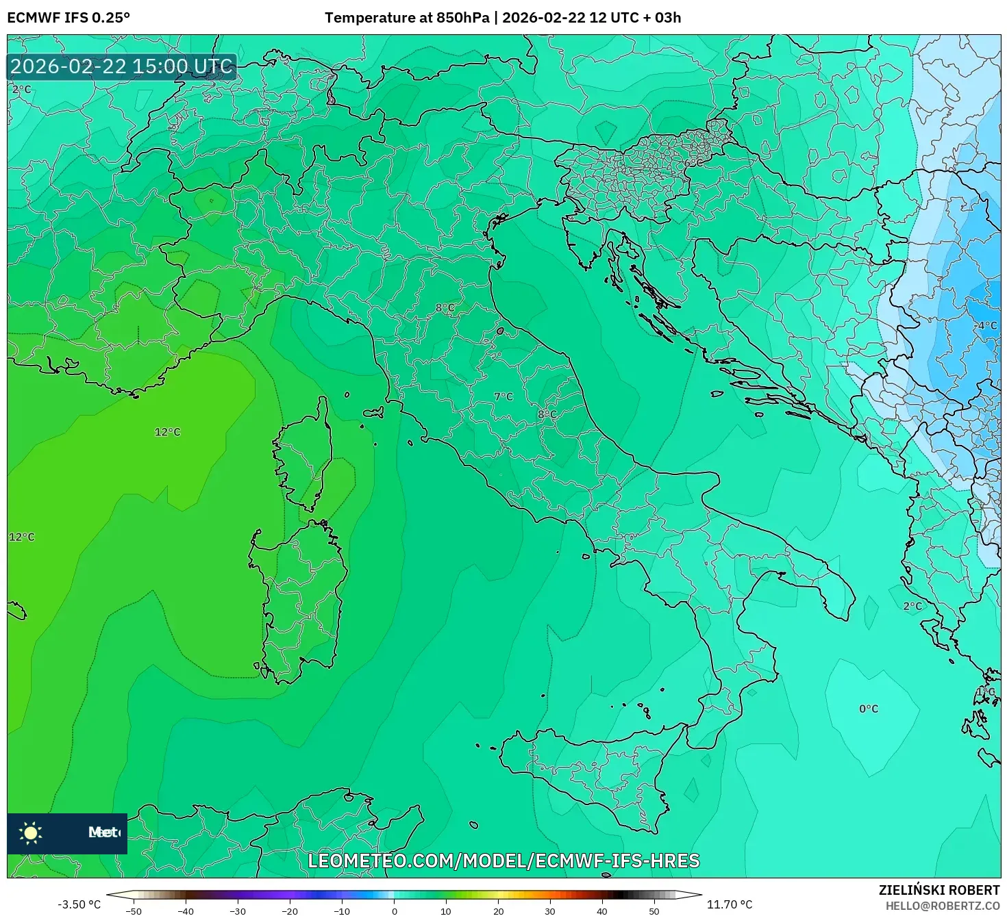 ECMWF IFS 0.25° model - إيطاليا, درجة الحرارة 850 hPa
