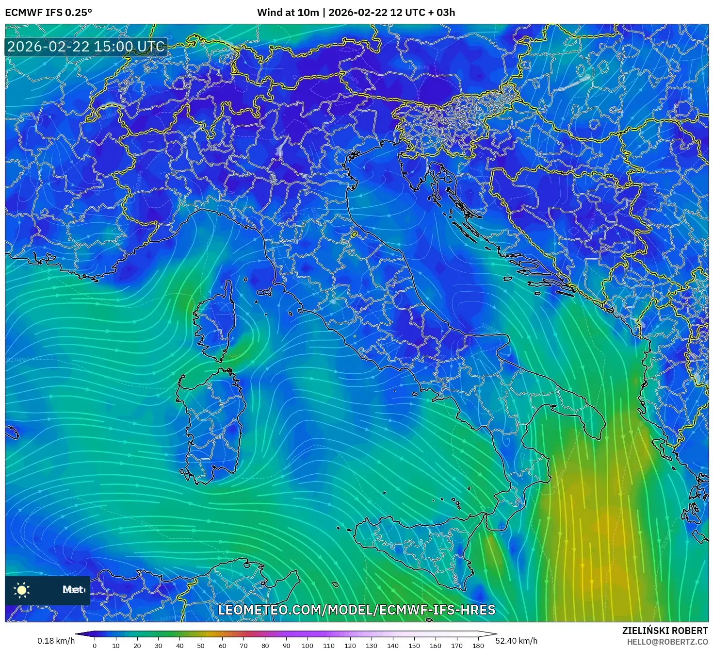 ECMWF IFS 0.25° model - إيطاليا, رياح 10 م