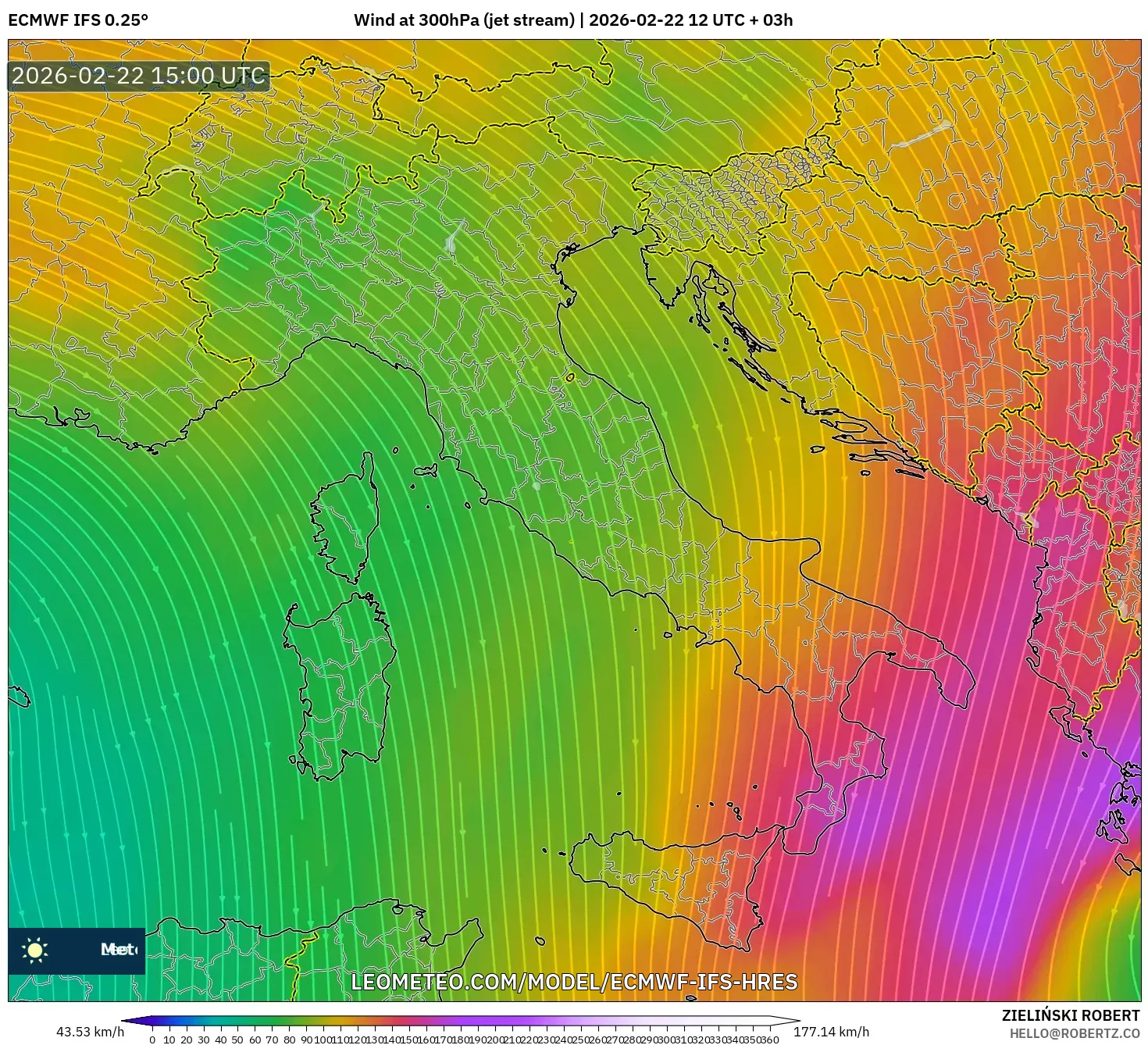 ECMWF IFS 0.25° model - إيطاليا, رياح 300 hPa (تيار نفاث)